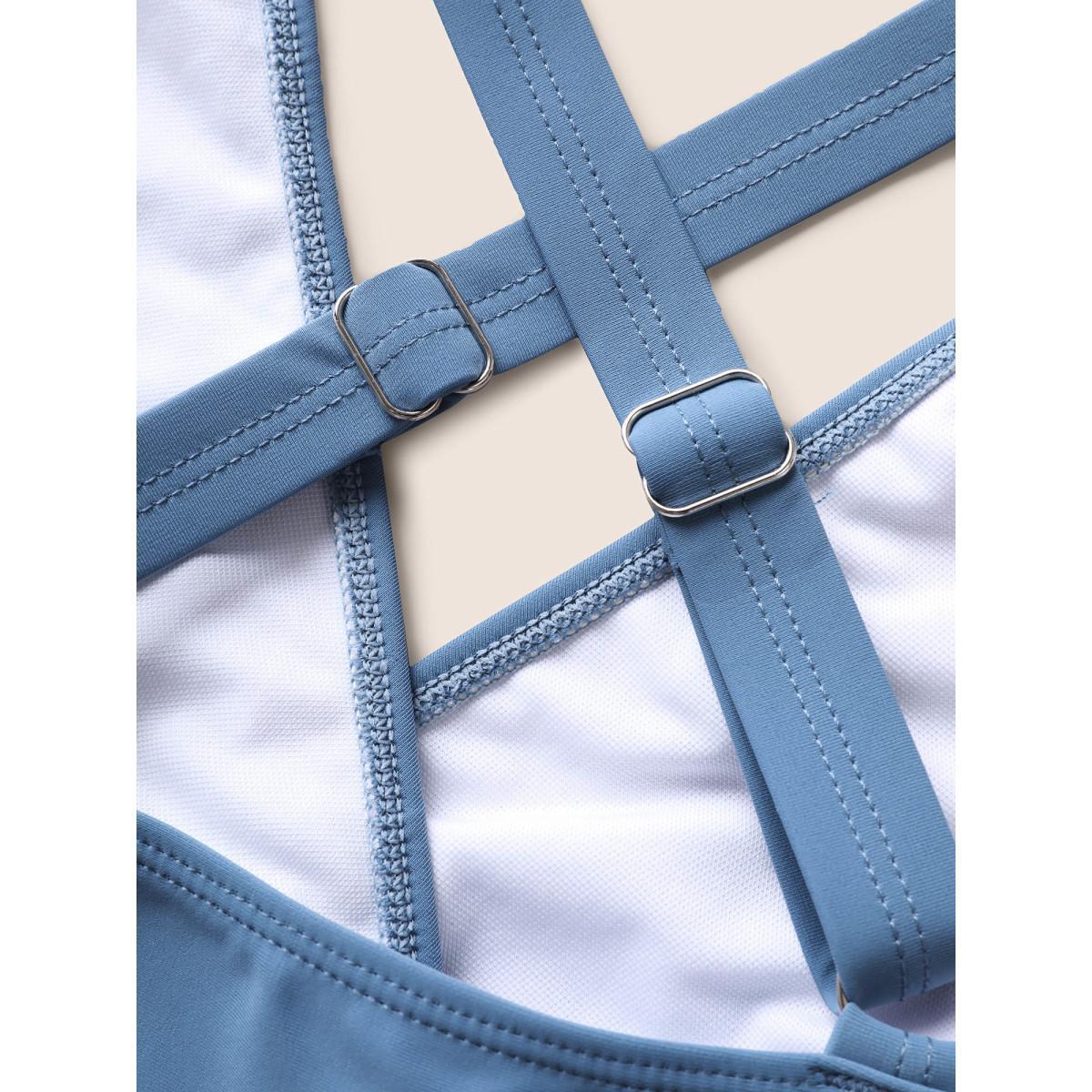 Plus Size Plain Overlap Collar Ruched Swim Dress Women's Swimwear Aegean Beach Bodycon Overlap Collar High stretch Curve Swim Dresses BloomChic 22-24/3X Product Image