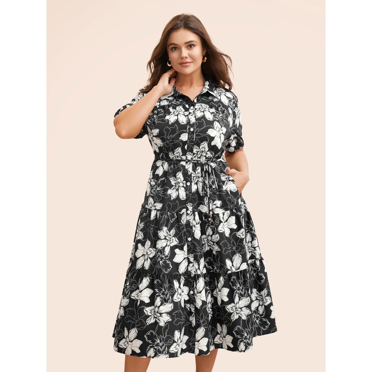 Plus Size Floral Shirt Collar Belted Midi Dress Black Women Elegant Belted Shirt collar Short sleeve Curvy BloomChic 26/4X Product Image