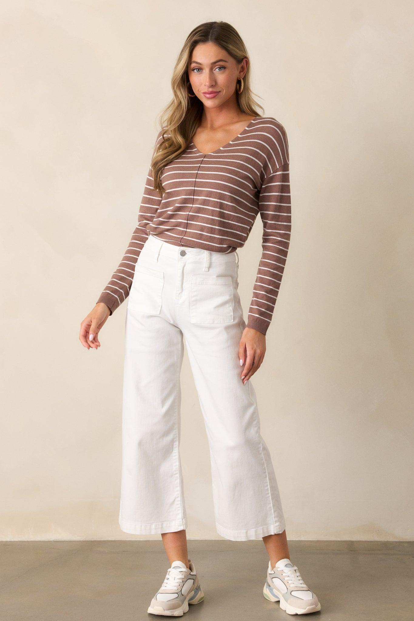 Unapologetically You Light Mocha Stripe Sweater Top Product Image