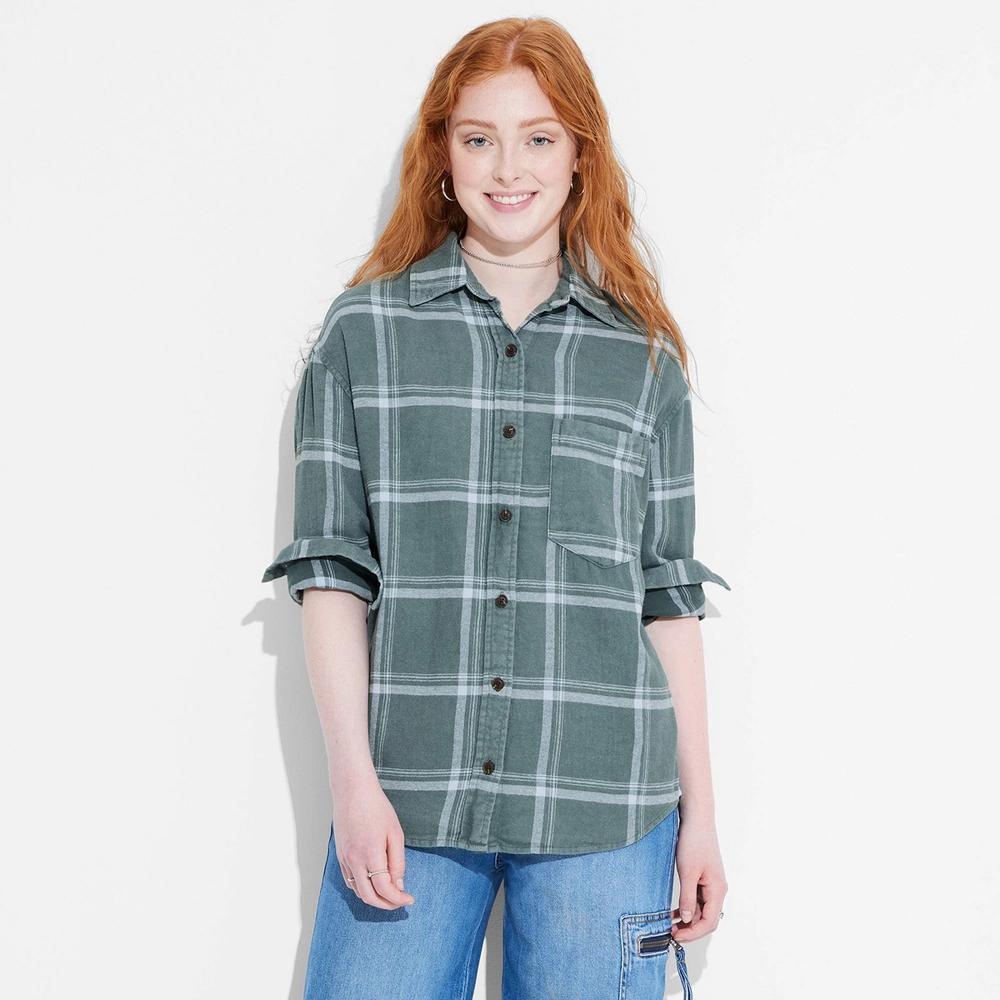 Womens Long Sleeve Oversized Flannel Button-Down Shirt - Wild Fable Dark Plaid L Product Image