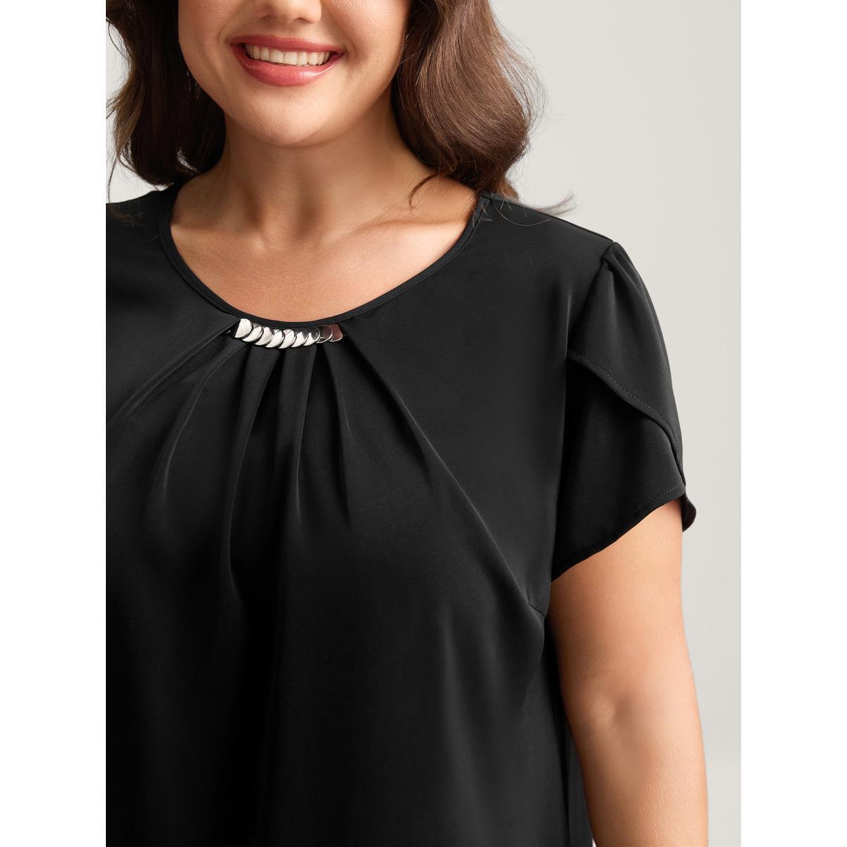 Plus Size Black Metallic Detail Pleated Solid Blouse Women Short sleeve Round Neck Work Blouses BloomChic 12/L Product Image