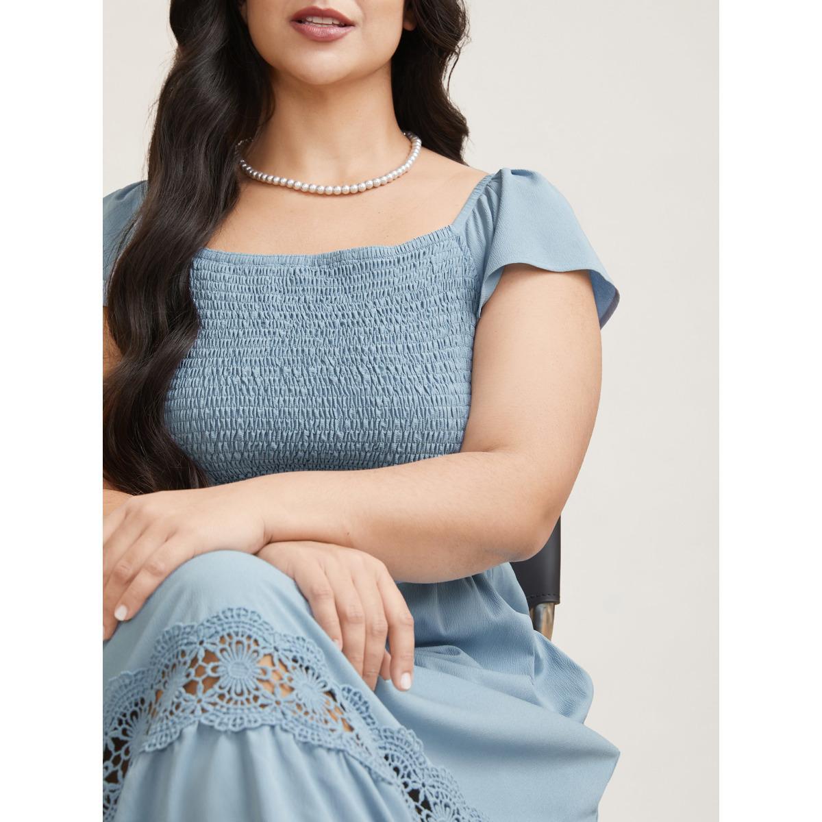 Plus Size Shirred Stretchy Waist Lace Trim Midi Dress Skyblue Women Elegant Woven ribbon&lace trim Square Neck Sleeveless Curvy BloomChic 18-20/2X Product Image