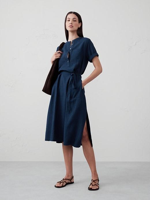 Linen-Blend Utility Midi Shift Dress Product Image