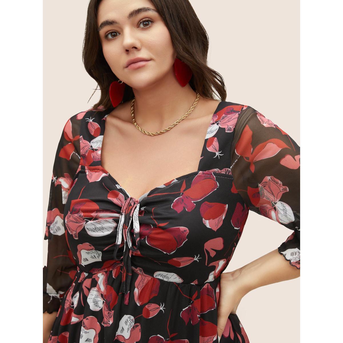 Plus Size Floral Print Drawstring Mesh Ruched Dress Black Women Elegant Lined Square Neck Half Sleeve Curvy Midi Dress BloomChic 22-24/3X Product Image