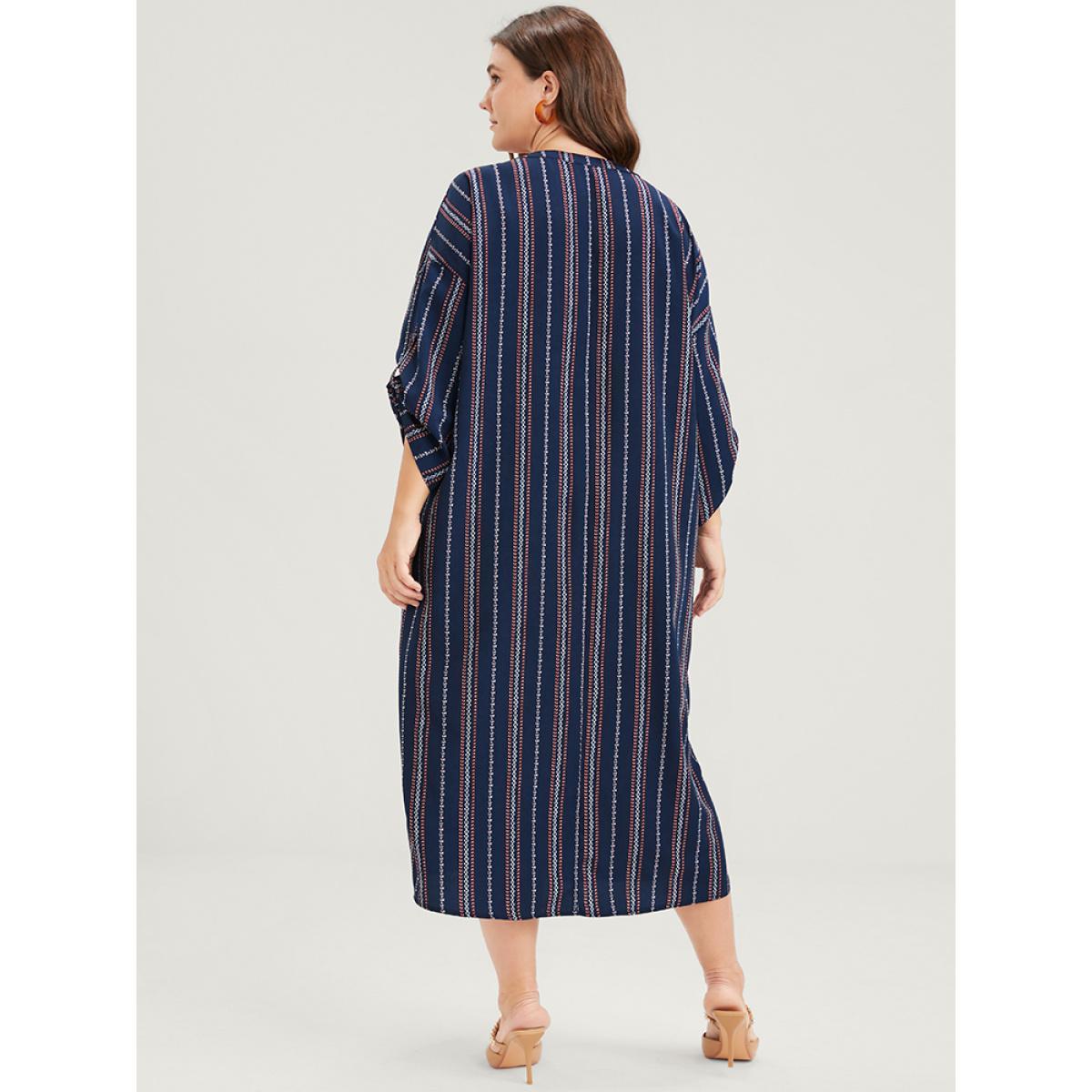 Plus Size Asymmetrical Striped Patchwork Button Pocket Cuffed Sleeve Midi Dress DarkBlue Women Vacation Button V-neck Long Sleeve Curvy Midi Dress BloomChic 30/6X Product Image