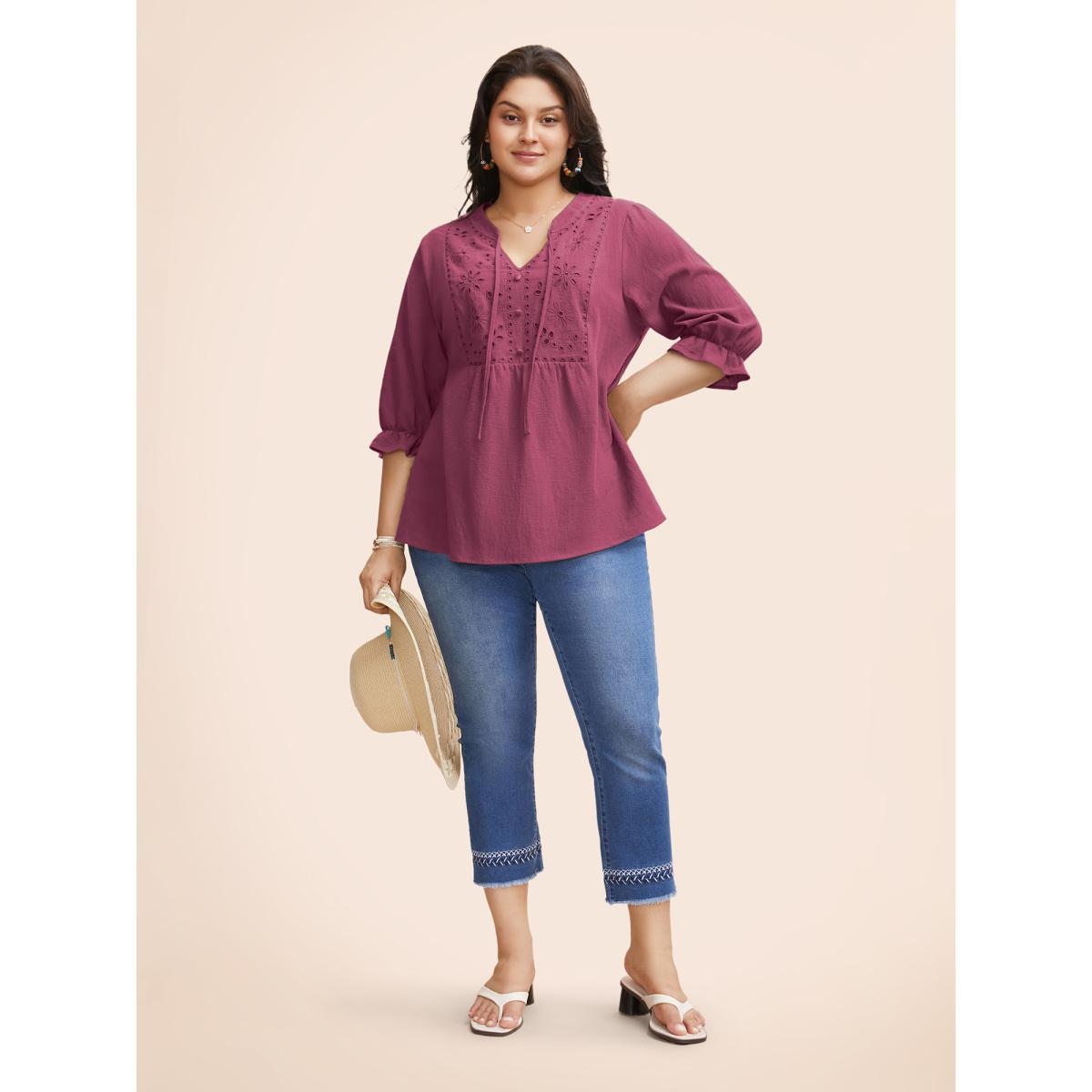 Plus Size Russet Broderie Anglaise Tie Knot Lantern Sleeve Blouse Women Boho Elbow-length sleeve Notched collar Vacation Blouses BloomChic 28/5X Product Image