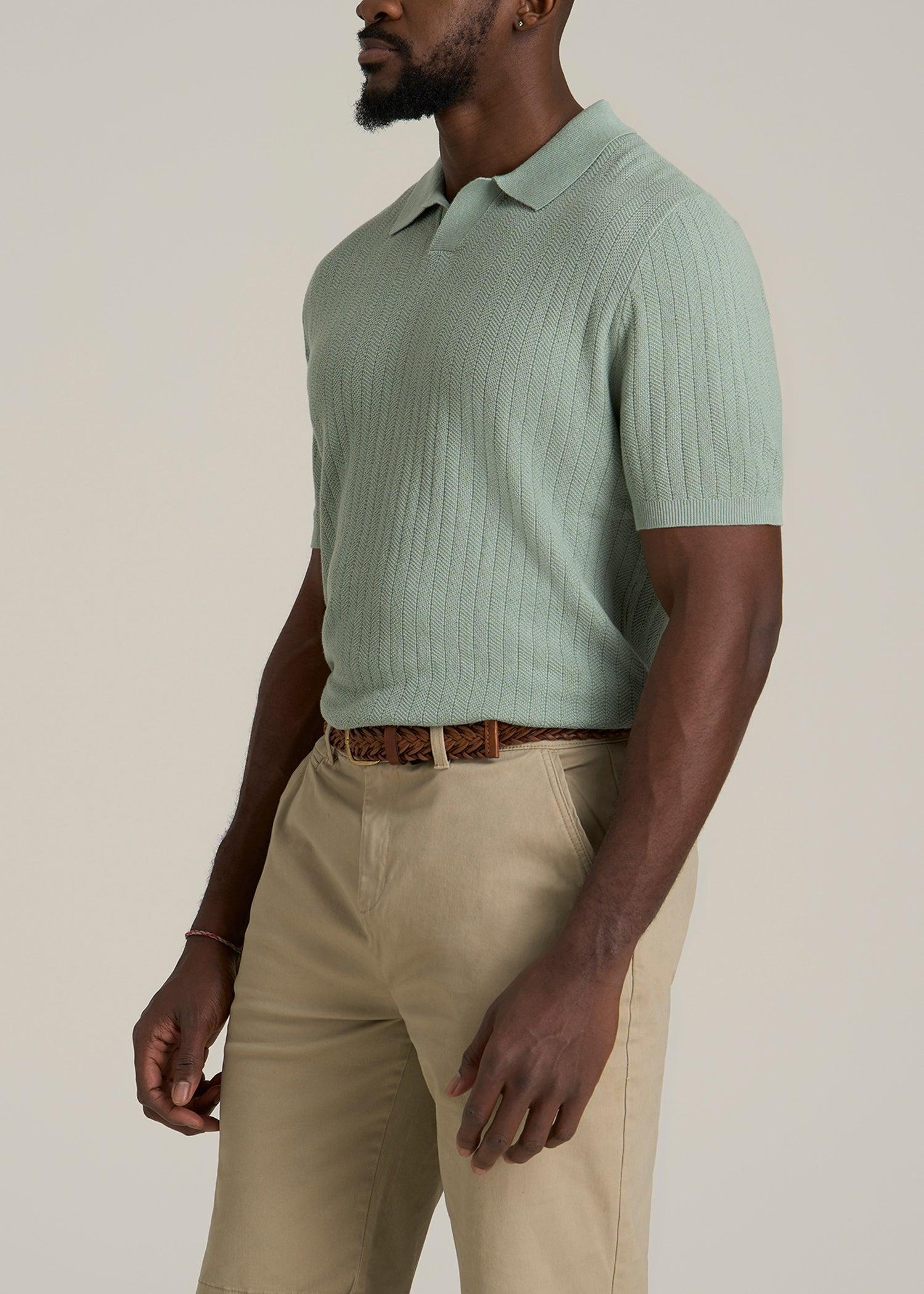 Linen Blend Ribbed Knit Polo Shirt for Tall Men in Seagrass Product Image