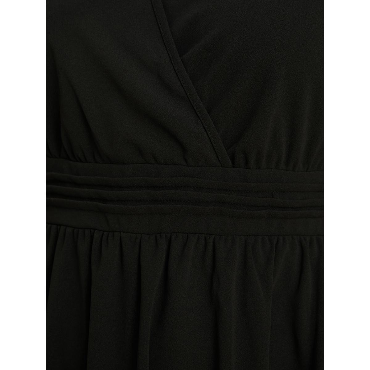 Plus Size Solid Surplice Neck Pocket Pleated Flutter Dress Black Women Office Plain V-neck Long Sleeve Curvy Midi Dress BloomChic 10/M Product Image