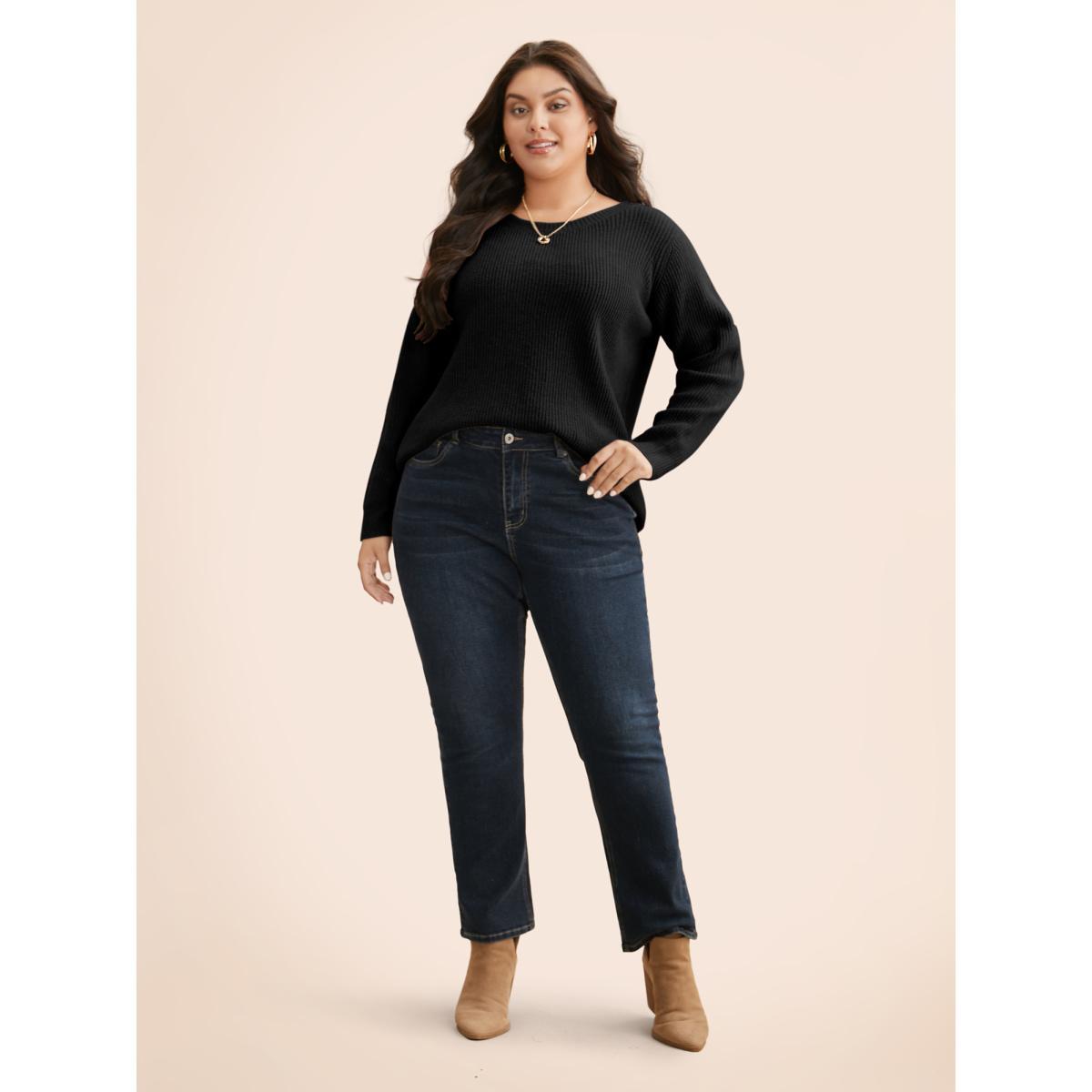 Plus Size Round Neck Texture Back Bowknot Pullover Black Women Casual Loose Long Sleeve Round Neck Everyday Pullovers BloomChic 14-16/1X Product Image