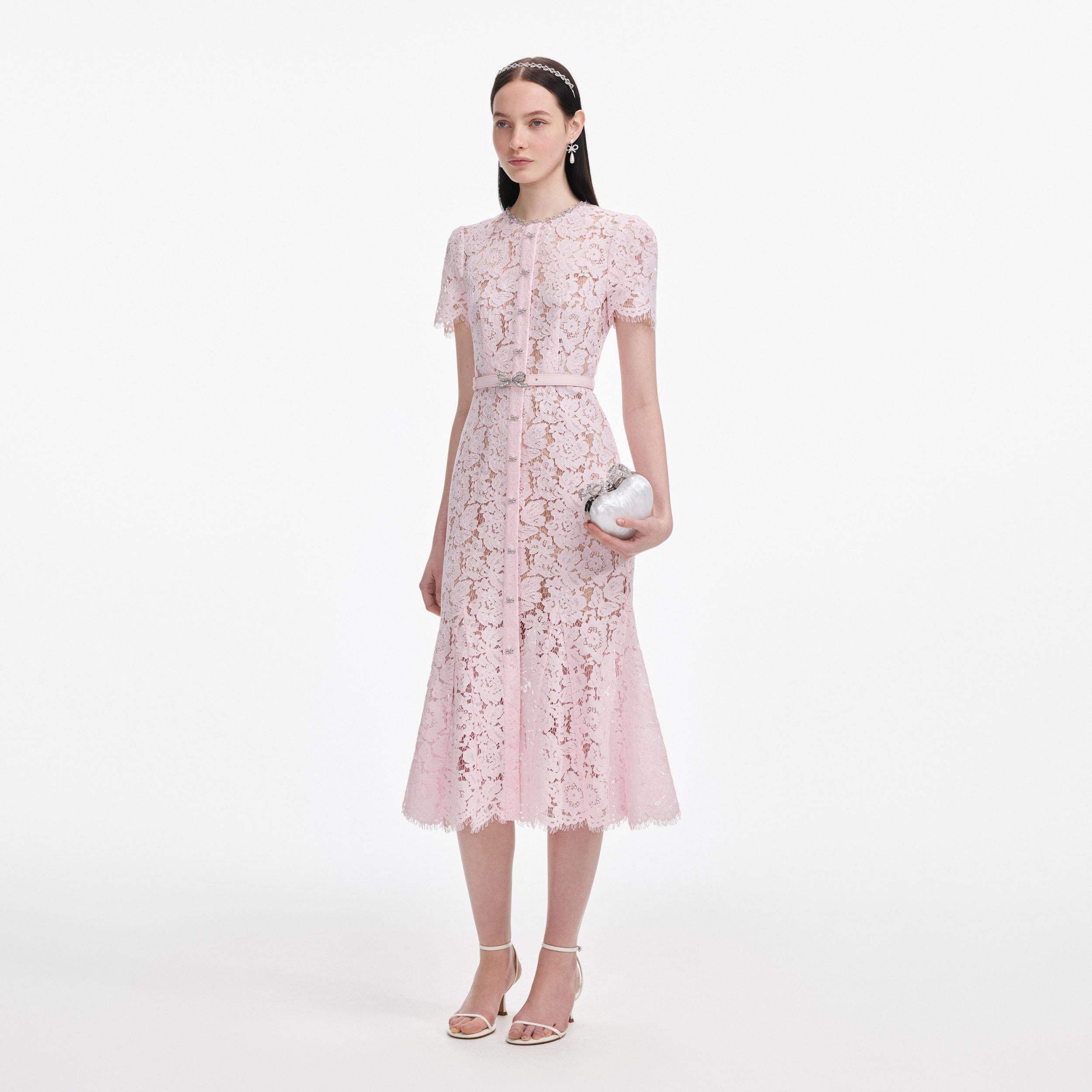 Pink Lace Bow Trim Midi Dress Product Image