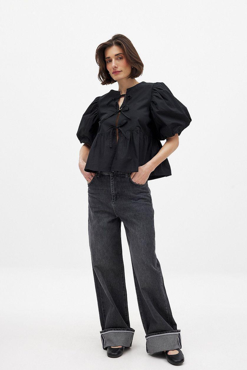 Cotton Puff Sleeve Tie Front Blouse Product Image