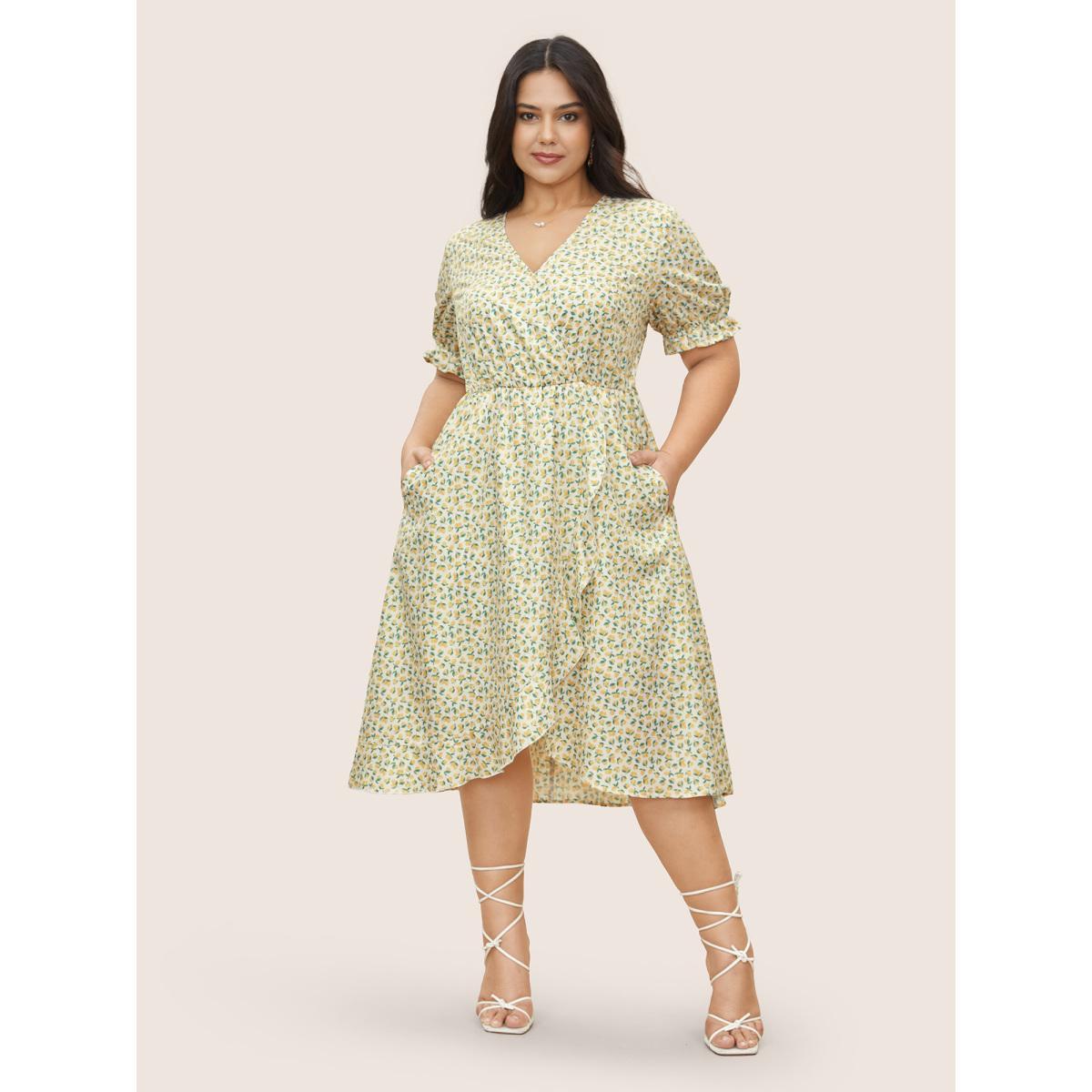 Plus Size Citrus Lemon Print Overlap Collar Lantern Sleeve Dress Yellow Women Elegant Overlapping Overlap Collar Short sleeve Curvy Midi Dress BloomChic 18-20/2X Product Image
