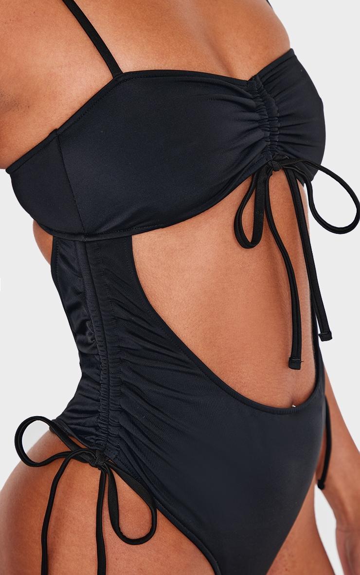 Black Ruched Cut Out Halter Tie Swimsuit Product Image