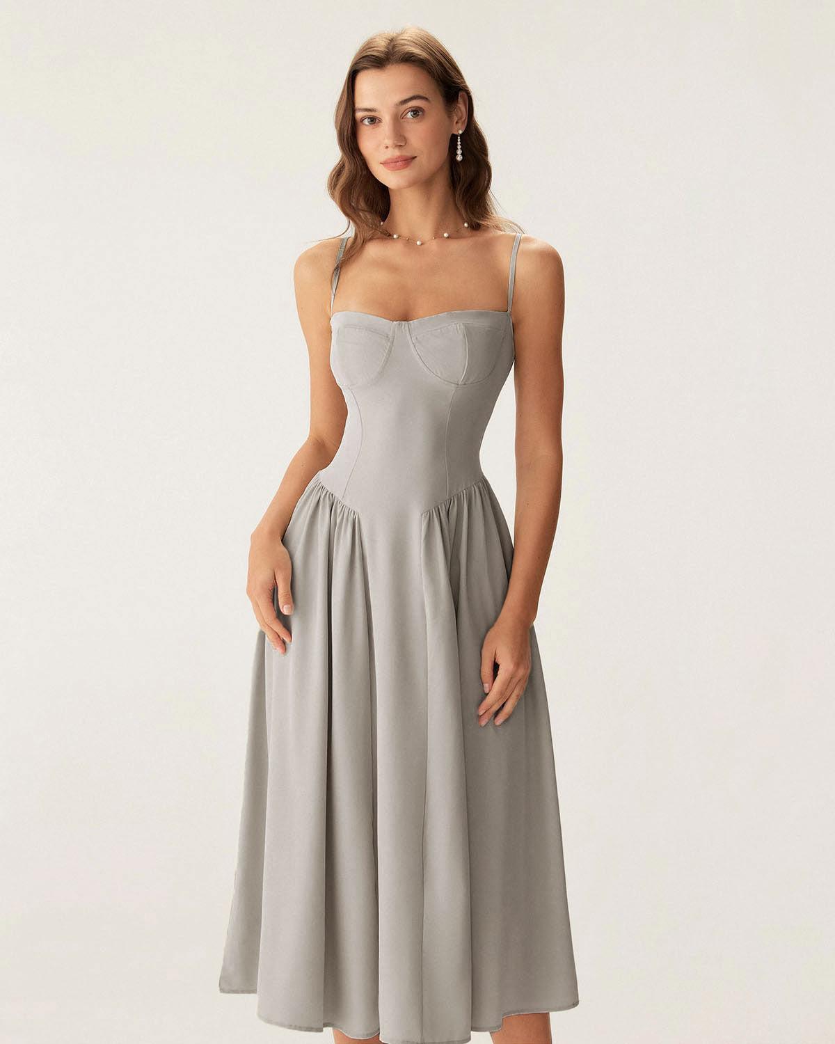 Grey Square Neck Pocket Slip Midi Dress Product Image