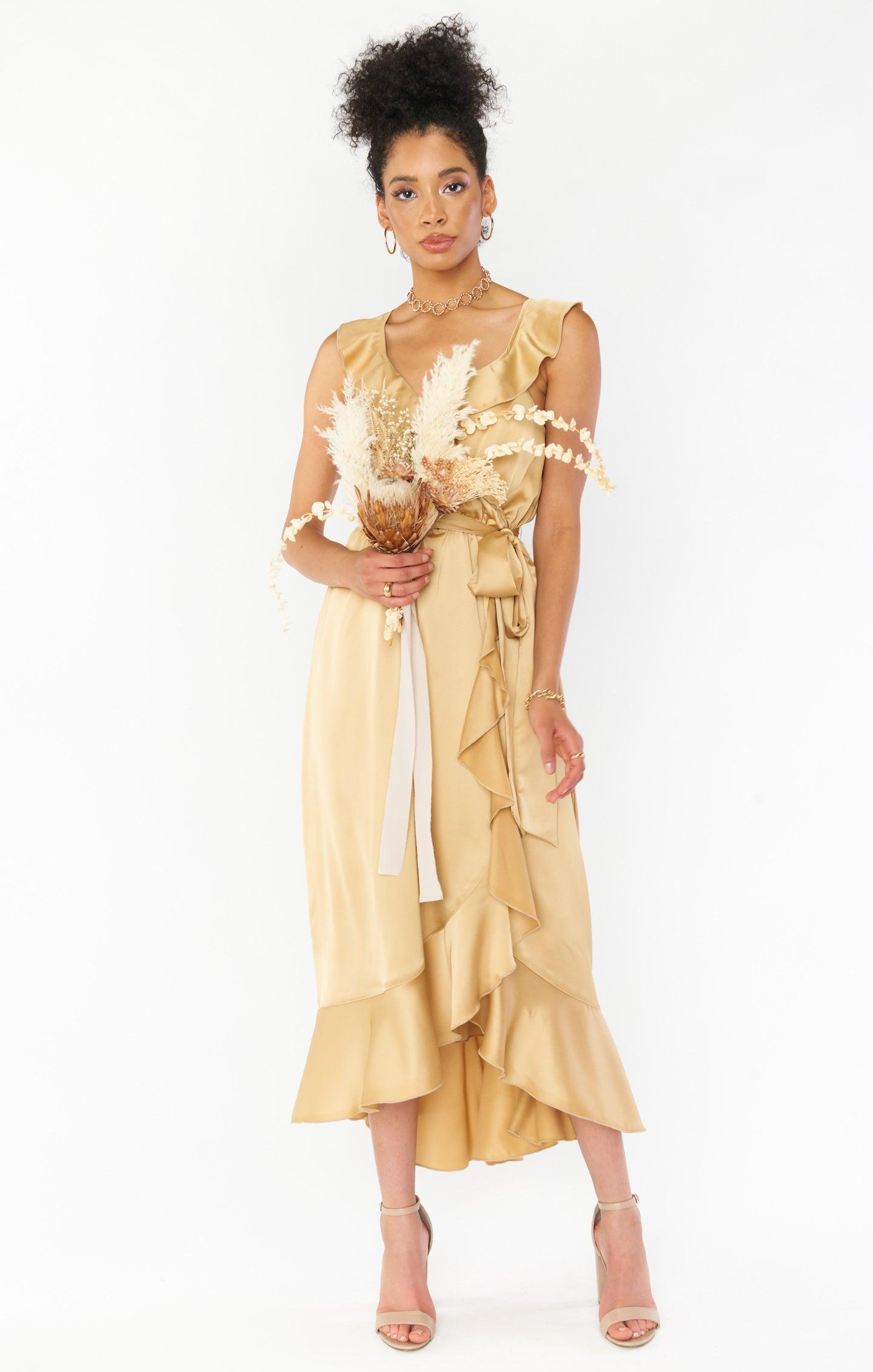 Samantha Ruffle Wrap Dress ~ True Gold Luxe Satin Product Image