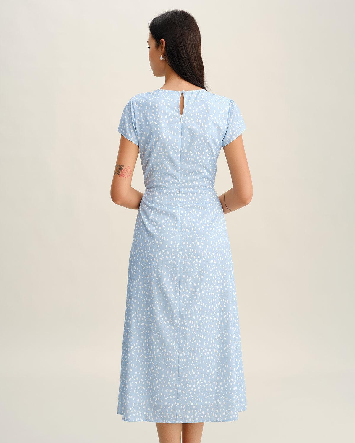 Blue Round Neck Button Slit Midi Dress Product Image