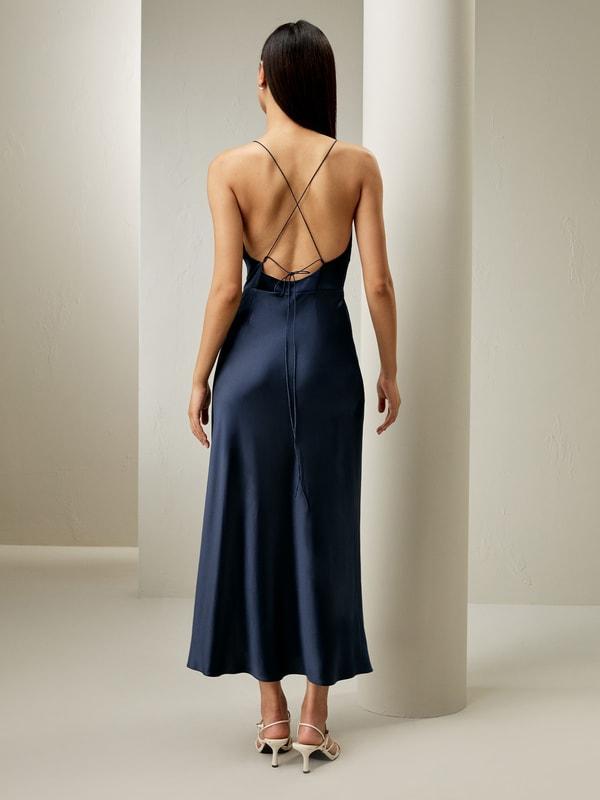 LILYSILK Silk Maxi Dress - for Women - Navy Blue Pure Silk - Skin Friendly Plunging V-Neck Dress 6 Product Image