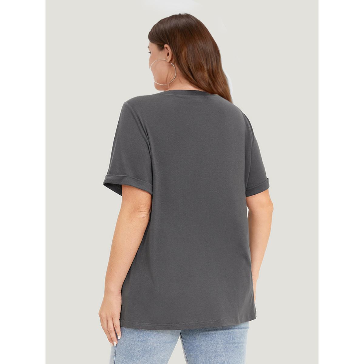 Plus Size Floral & Moon Print Crew Neck Roll Sleeve T-shirt DimGray Women Casual Printed Star and moon Dailywear T-shirts BloomChic 30/6X Product Image