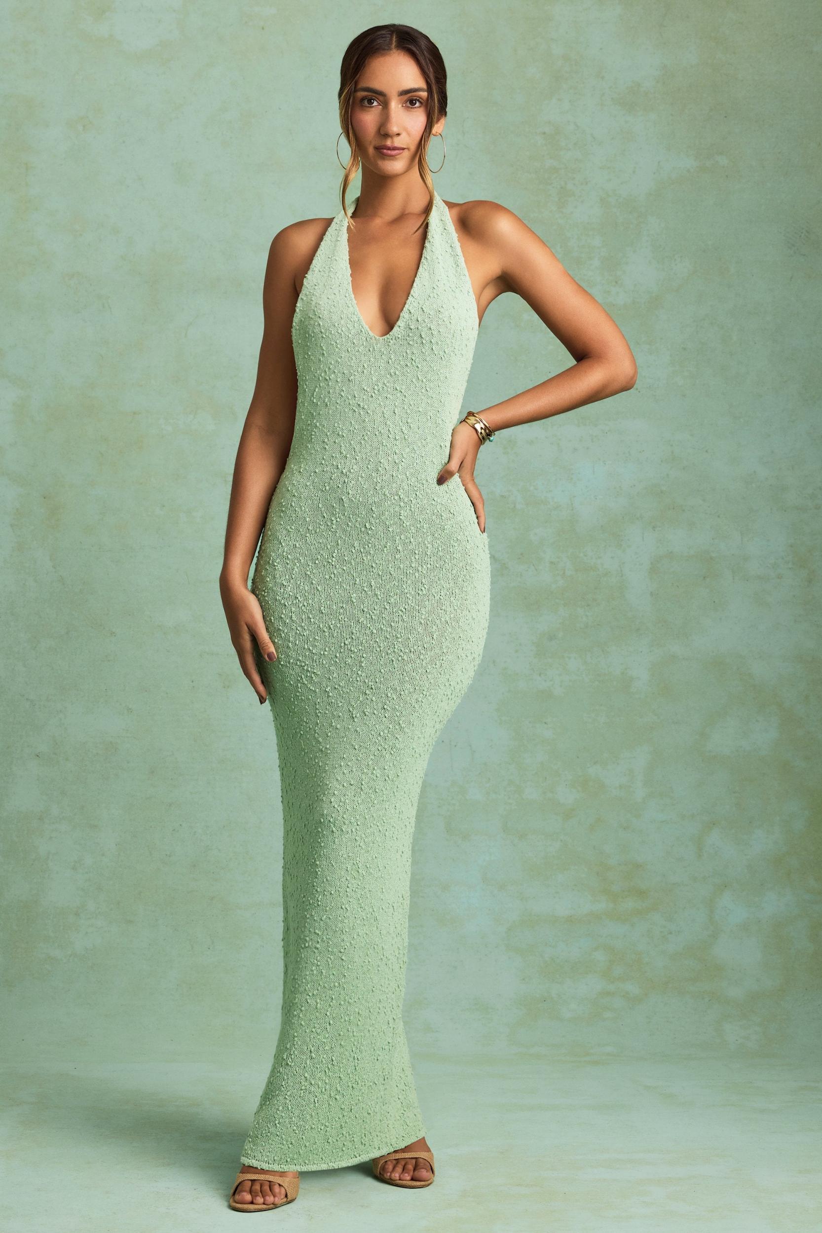Bouclé Halterneck Maxi Dress in Mint Girls Product Image