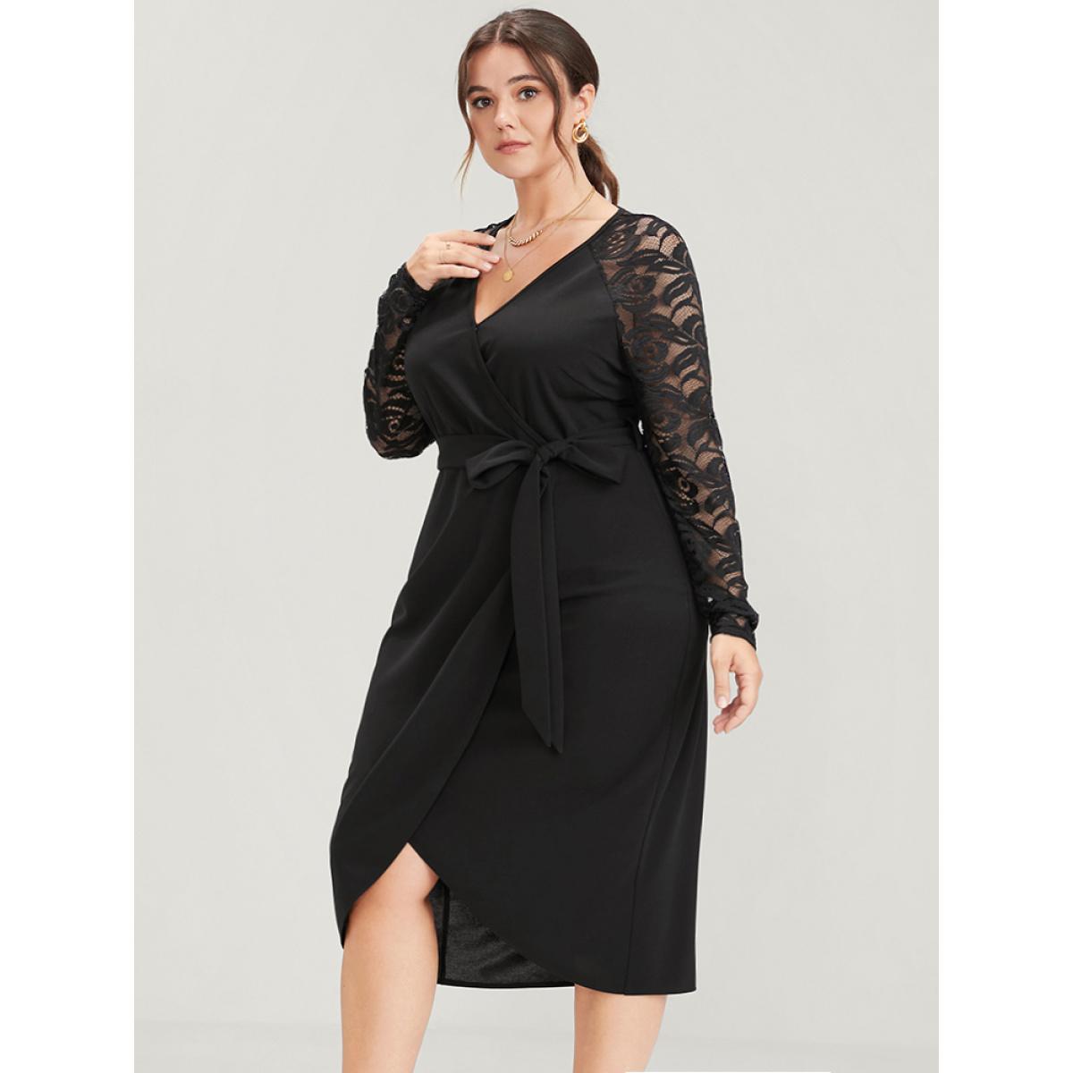Plus Size Solid Button Eyelet Lace Belted Wrap Knee Dress Black Women Elegant Cross straps V-neck Long Sleeve Curvy Midi Dress BloomChic 18-20/2X Product Image