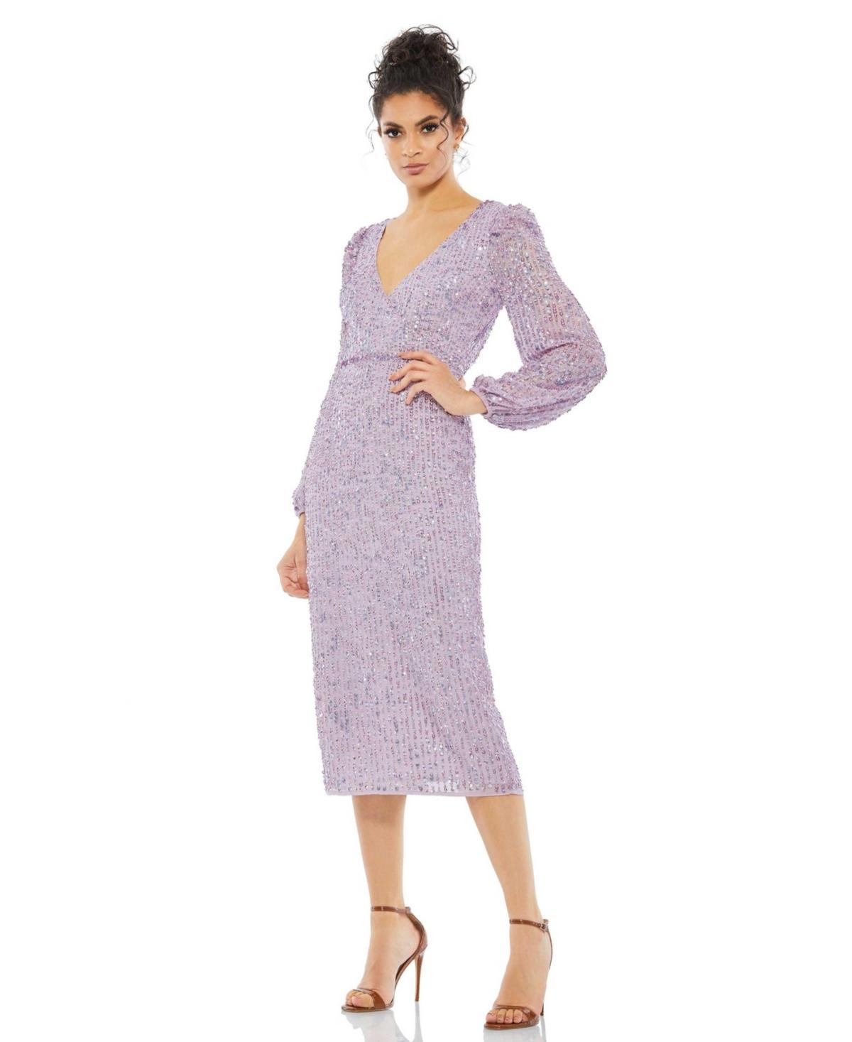 Womens Sequined Illusion Puff Sleeve V Neck Midi Dress Product Image