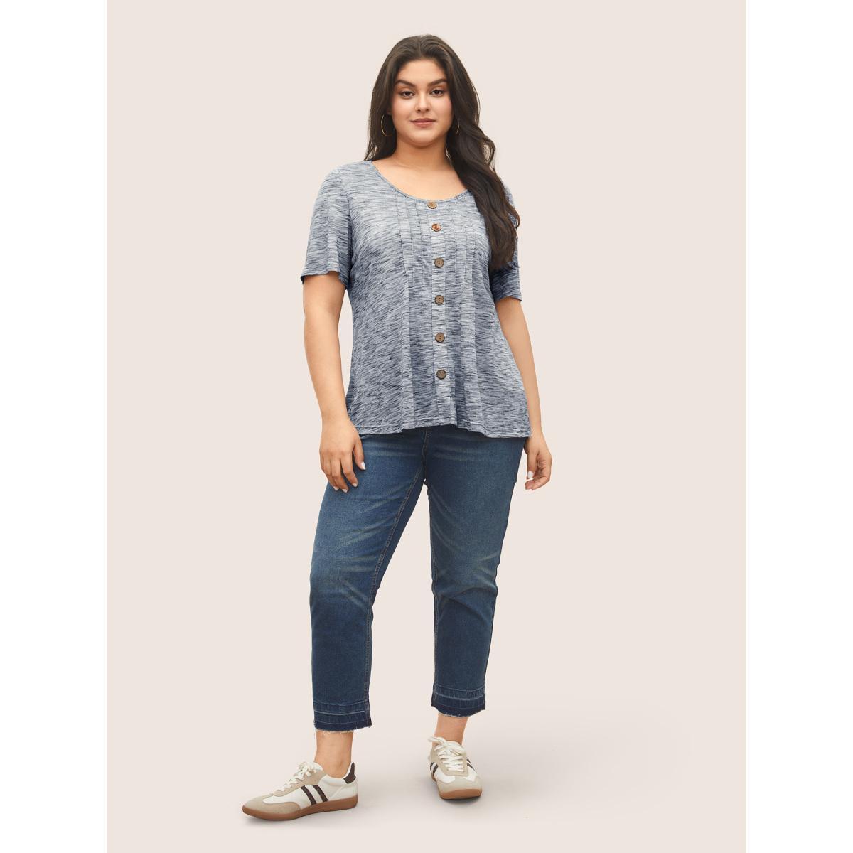 Plus Size Round Neck Heather Pleated Button Detail T-shirt DarkBlue Women Casual Button Plain Round Neck Everyday T-shirts BloomChic 14-16/1X Product Image