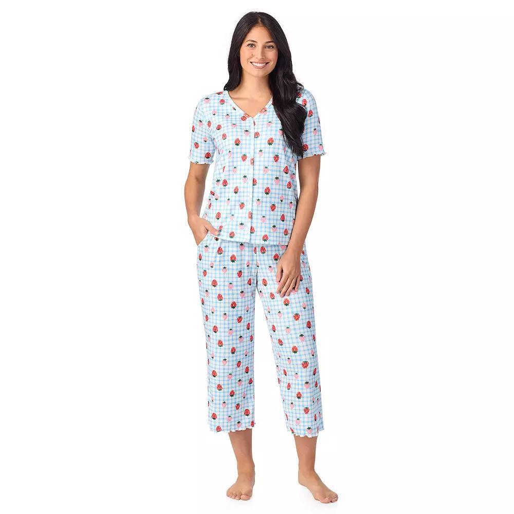 Women's Cuddl Duds® Pointelle Button-Front Pajama Top & Cropped Pajama Bottoms Set, Size: XS, Powder Blue Strawberry Product Image