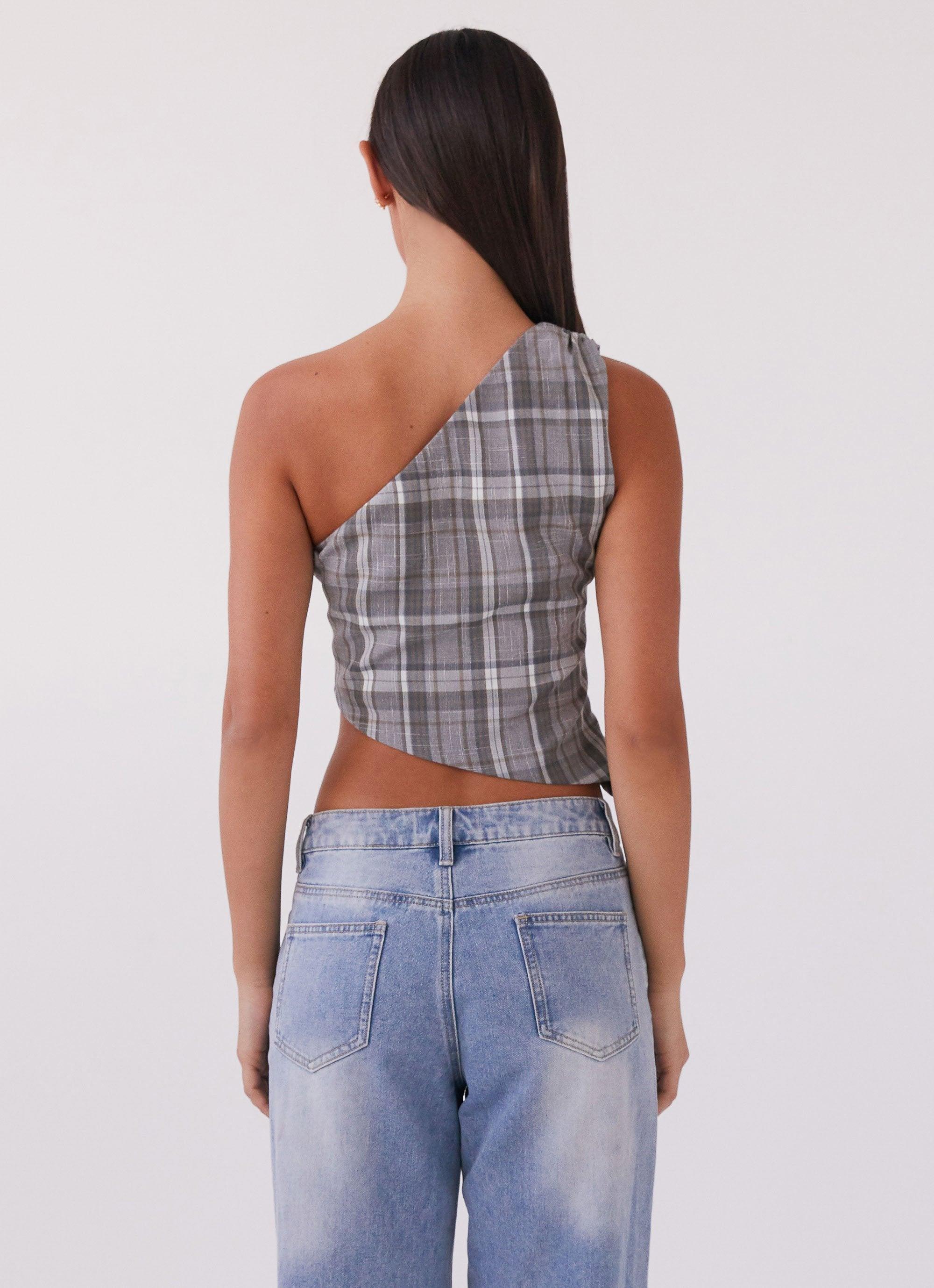 Got Me Started One Shoulder Top - Grey Plaid Product Image