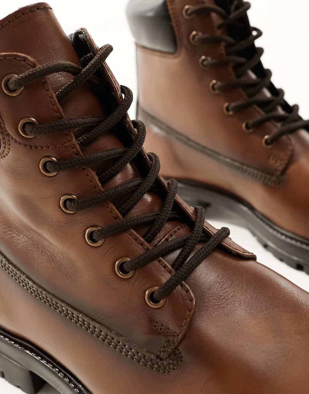 ASOS DESIGN lace up worker boots in brown leather Product Image