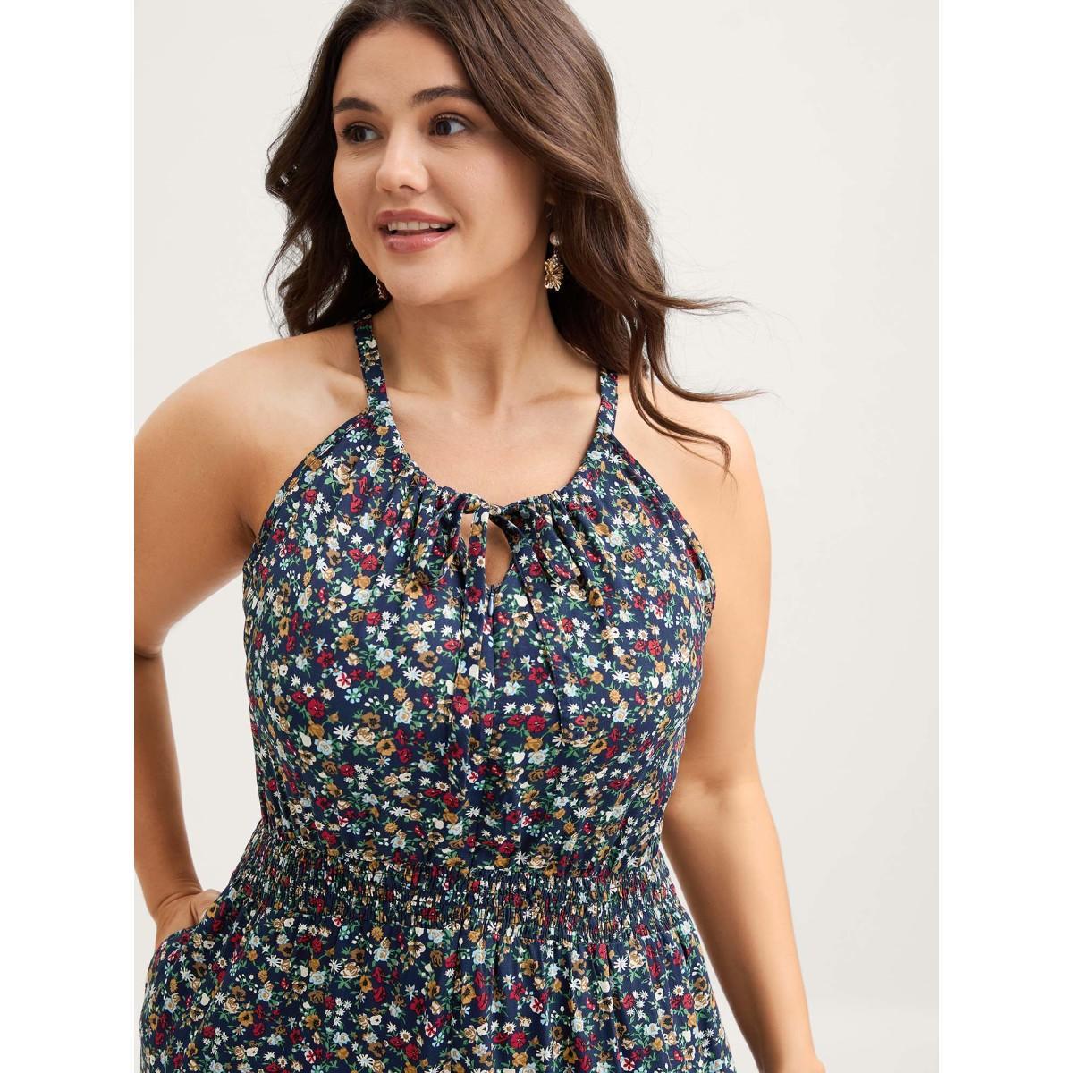 Plus Size Indigo Floral Print Shirred Waist Cami Jumpsuit Women Sleeveless Square Neck Elegant Loose Jumpsuits BloomChic 14-16/1X Product Image