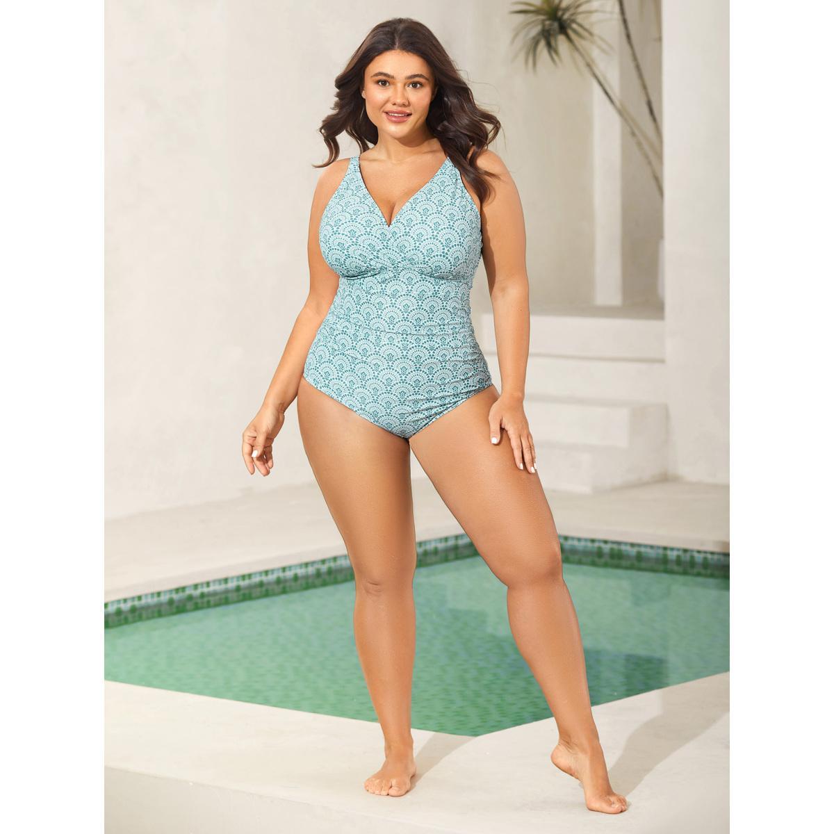 Plus Size Geometric Print Surplice One-Piece Swimsuit Women's Swimwear Emerald Resort Gathered Curve Bathing Suits High stretch One Pieces BloomChic 30/6X Product Image