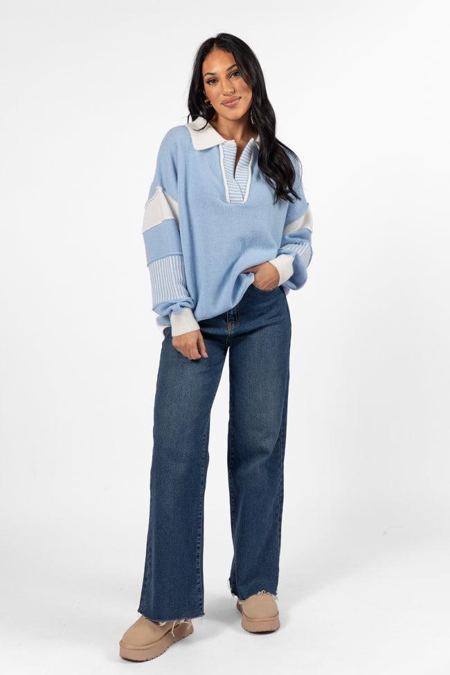 Think About It Sky Blue Collared Oversized Sweater Product Image