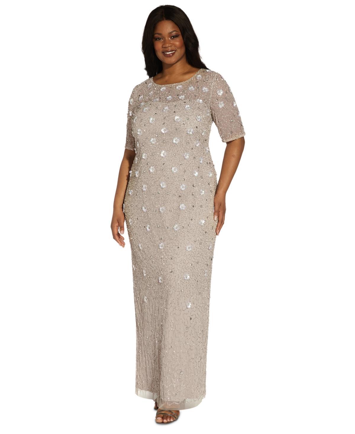 Adrianna Papell Floral Beaded Mesh Round Neck Short Sleeve Gown Product Image