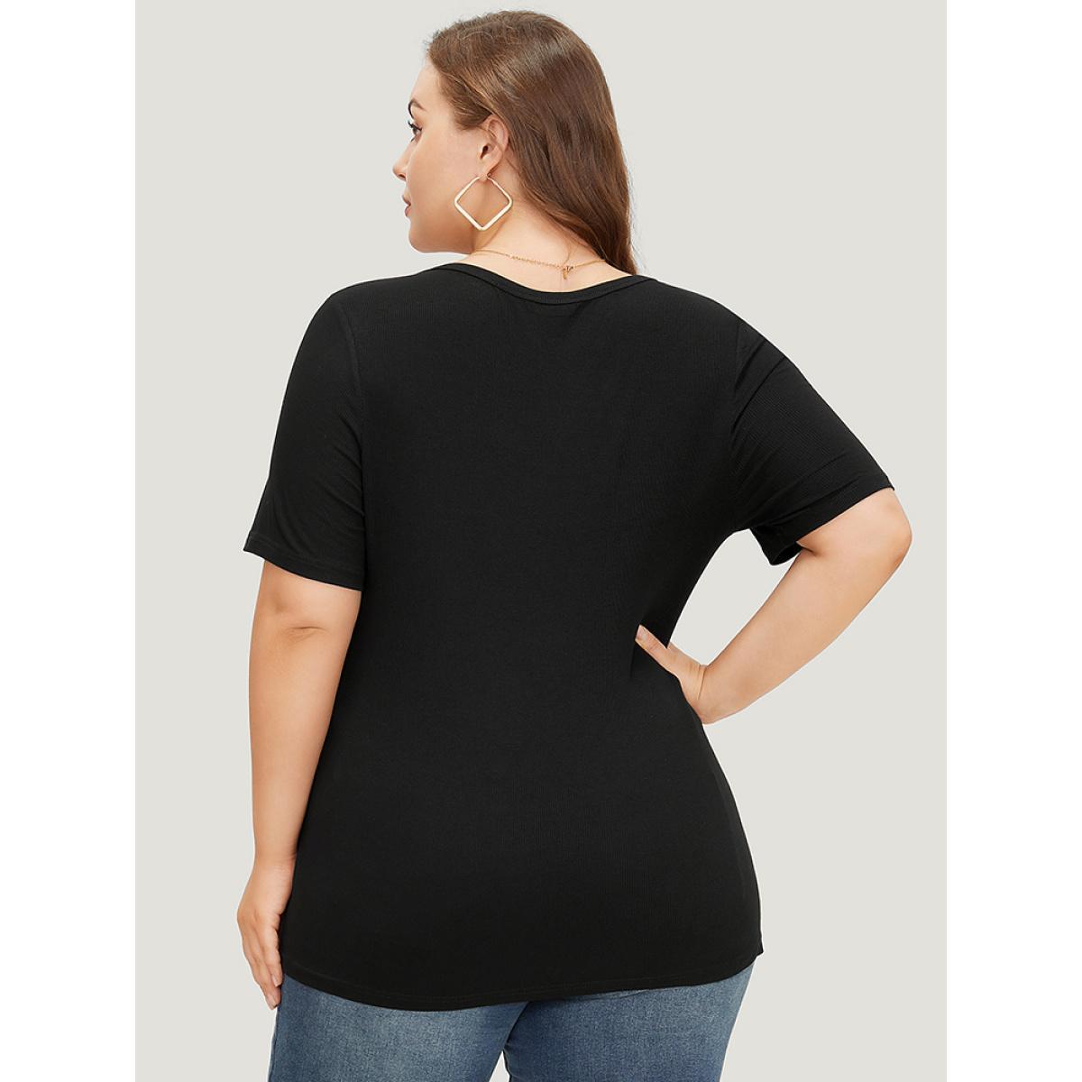 Plus Size Plain Scoop Neck Button Through Rib Knit T-shirt Black Women Casual Button Plain Scoop Neck Skinny Dailywear T-shirts BloomChic 10/M Product Image