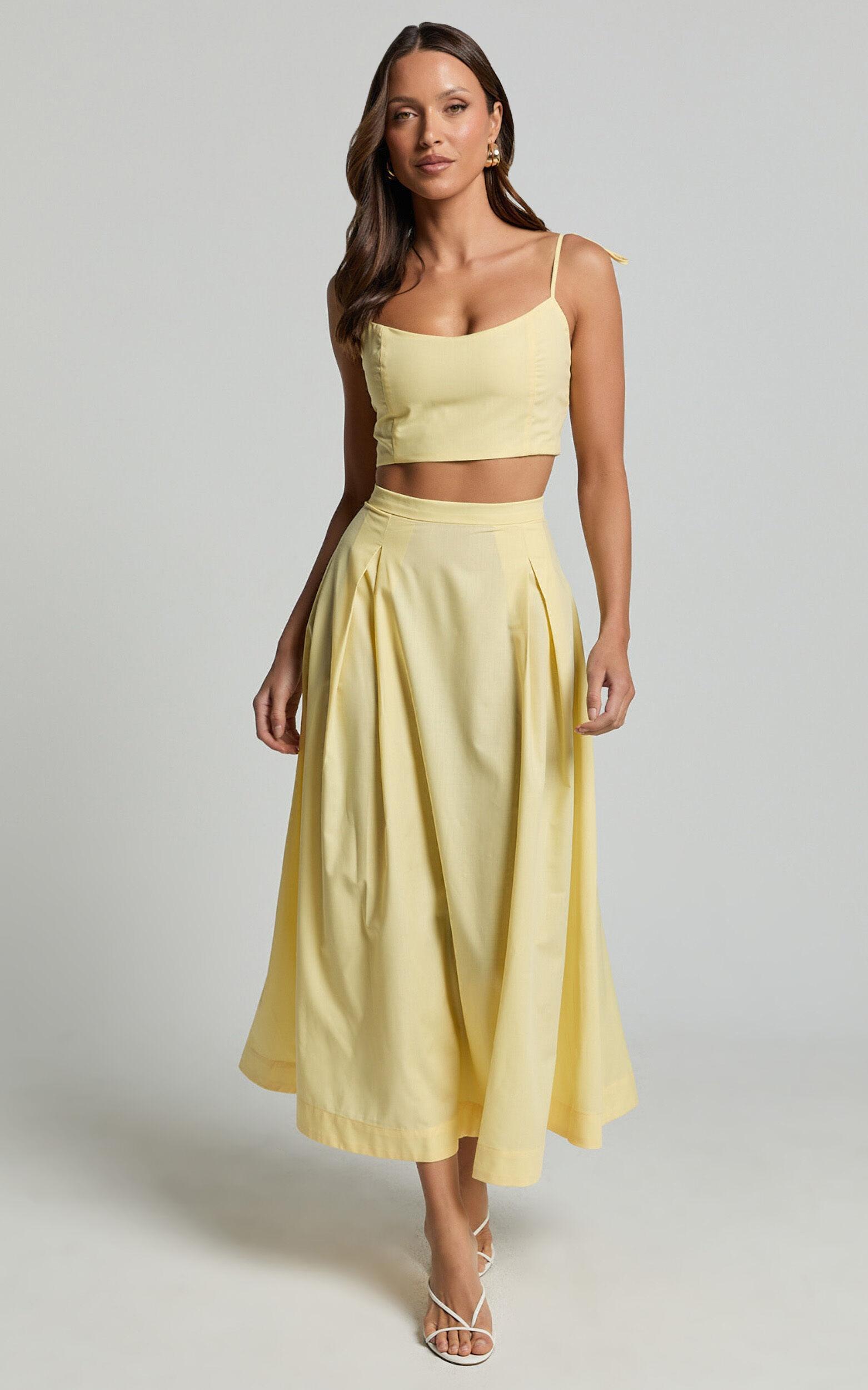 Rosalee Two Piece Set - Strappy Crop Top and High Waisted A Line Midi Skirt Set in Yellow Product Image