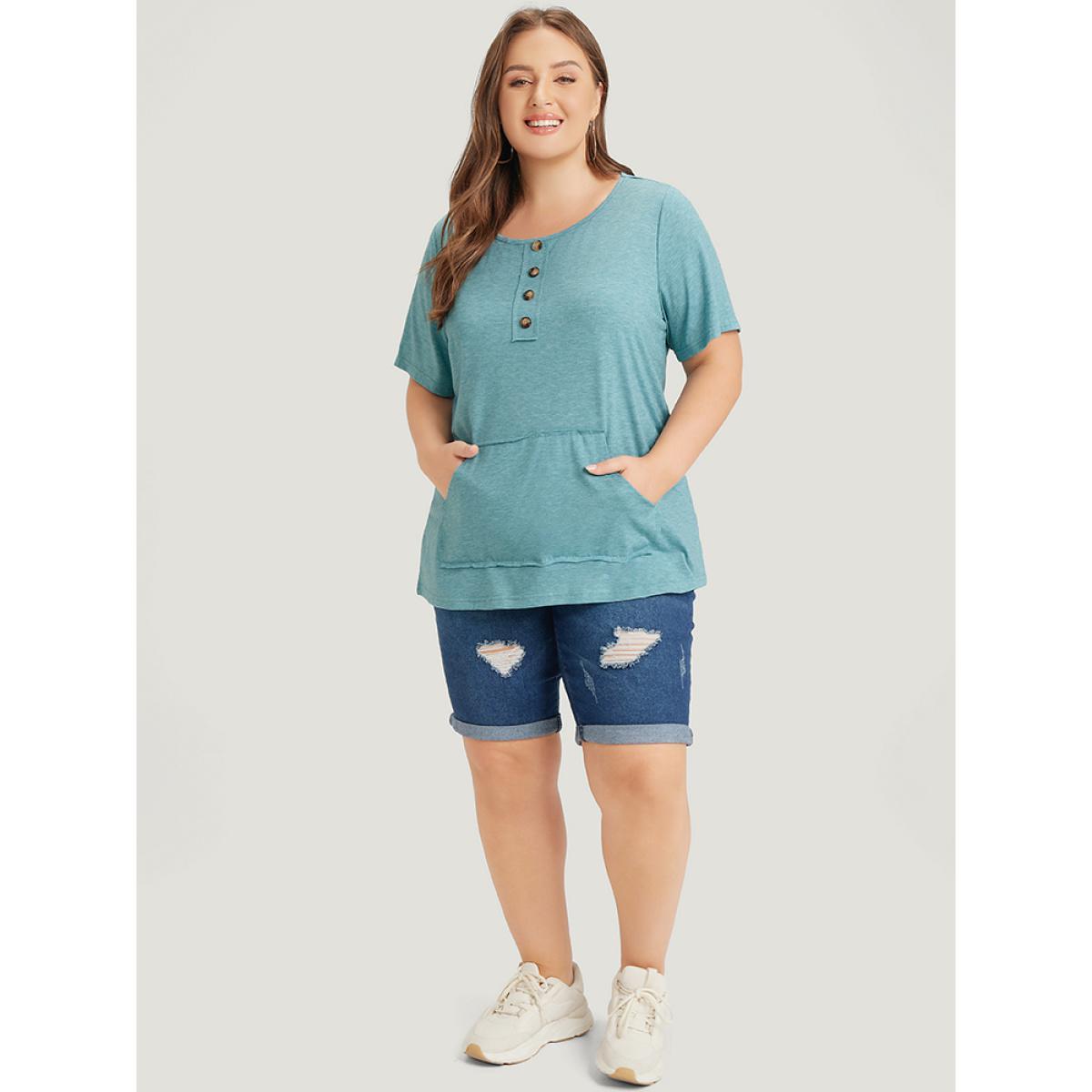 Plus Size Plain Heather Button Detail Patch Pocket T-shirt Cerulean Women Casual Heather Plain Round Neck Dailywear T-shirts BloomChic 22-24/3X Product Image