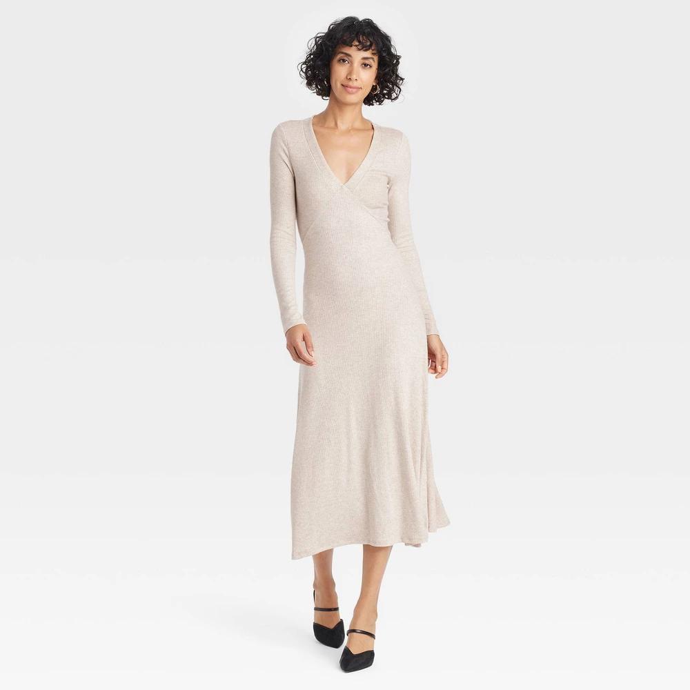 Womens Long Sleeve Midi A-Line Dress - A New Day Tan XL Product Image