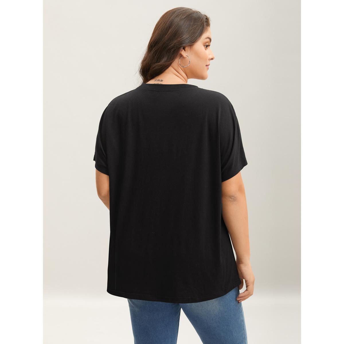 Plus Size Lace Design Color Contrast T-Shirt Black Women Casual Contrast Round Neck Casual T-shirts BloomChic 10/M Product Image