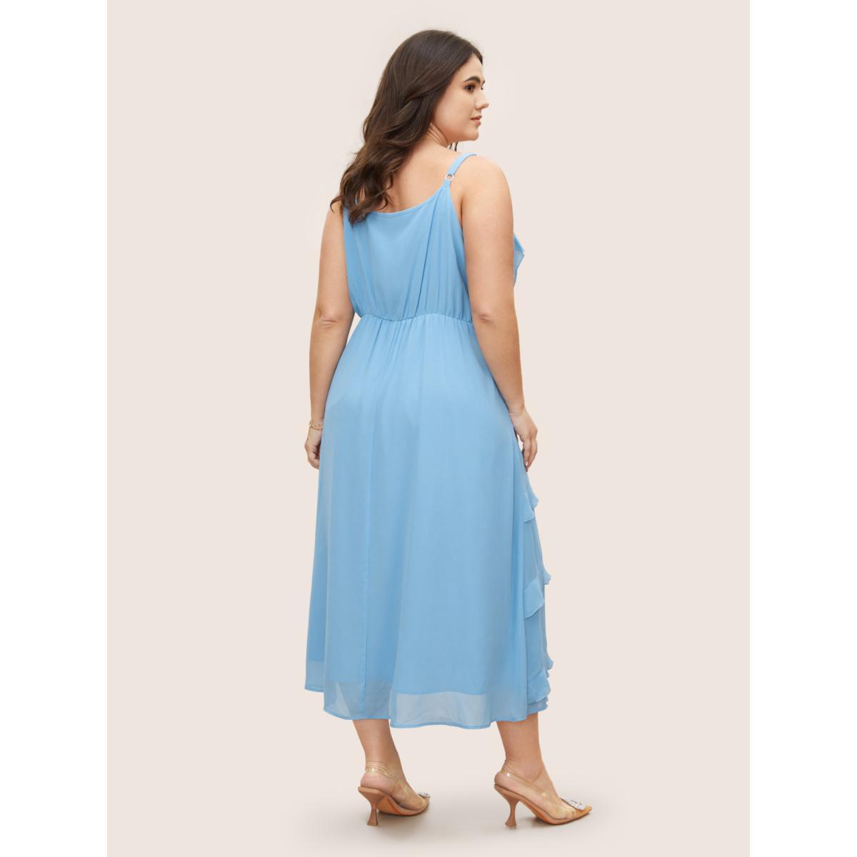 Plus Size V Neck Ruffle Trim Elastic Waist Cami Dress LightBlue Women Formal Ruffles Non Sleeveless Curvy BloomChic 10/M Product Image