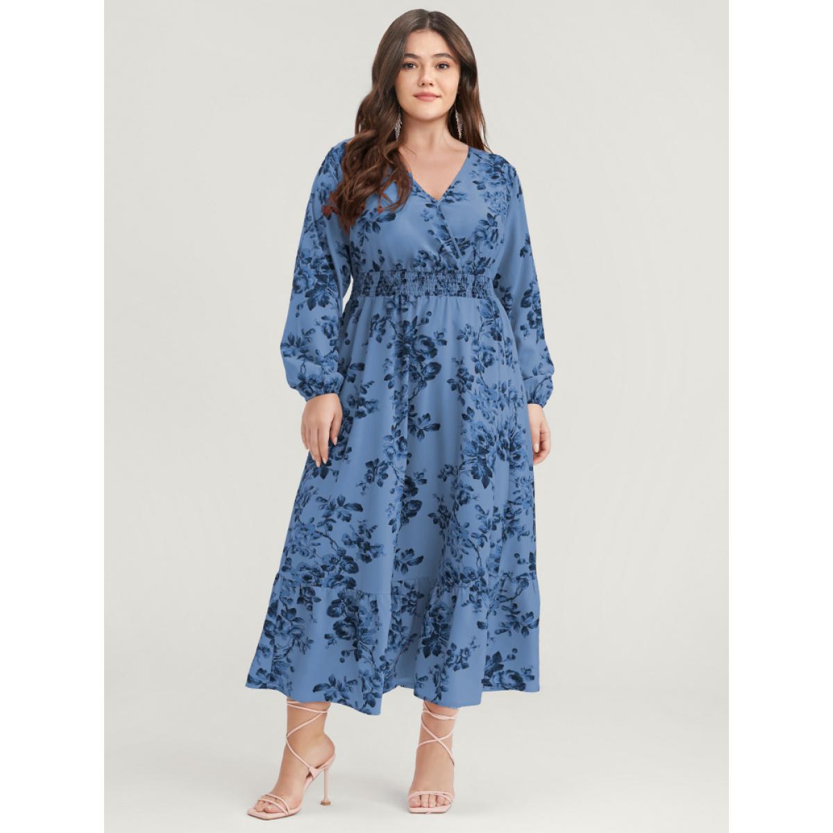 Plus Size Floral Wrap Lantern Sleeve Pocket Shirred Ruffle Hem Dress Cerulean Women Elegant Pocket V-neck Long Sleeve Curvy Midi Dress BloomChic 30/6X Product Image