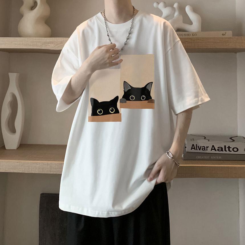 Elbow-Sleeve Crewneck Cat Print T-Shirt Product Image