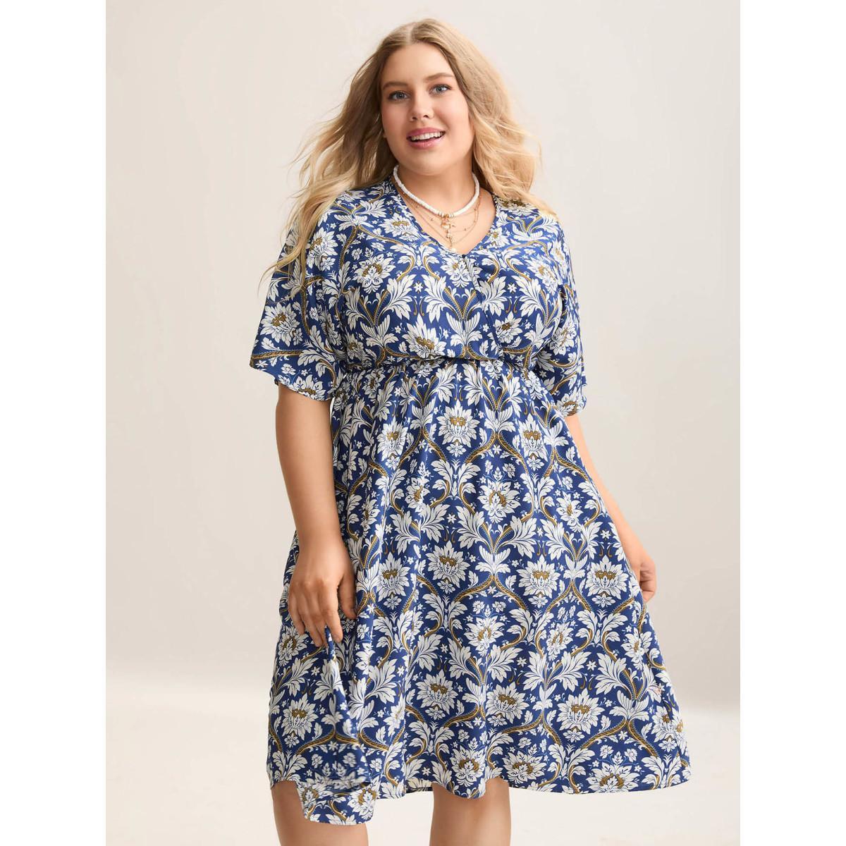 Plus Size Boho Print Shirred Surplice Neck Midi Dress DarkBlue Women Resort Non Overlap Collar Half Sleeve Curvy BloomChic 12/L Product Image