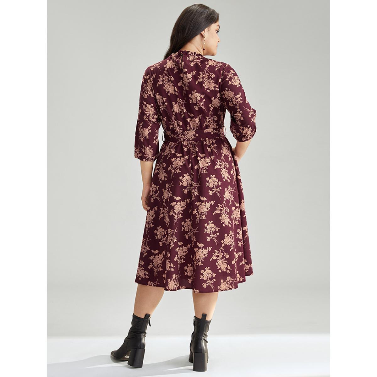 Plus Size Silhouette Floral Print Stand Collar Belted Pleated Dress Burgundy Women Elegant Elastic cuffs Stand-up collar Elbow-length sleeve Curvy Midi Dress BloomChic 28/5X Product Image