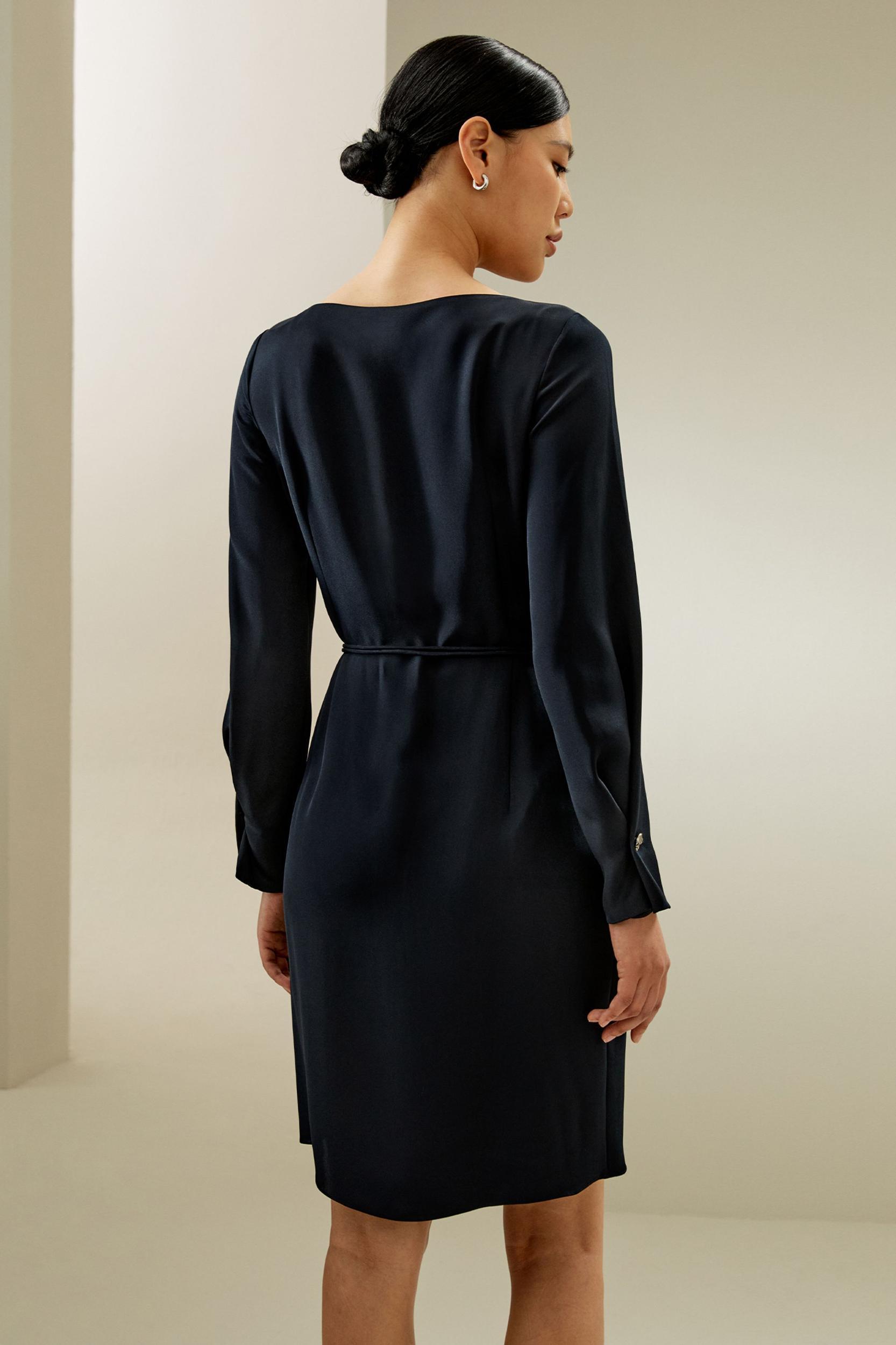 LILYSILK Long Sleeve Silk Dress - for Women - Midnight Blue Heavy Silk - Casual Boat Neck Dress S Product Image