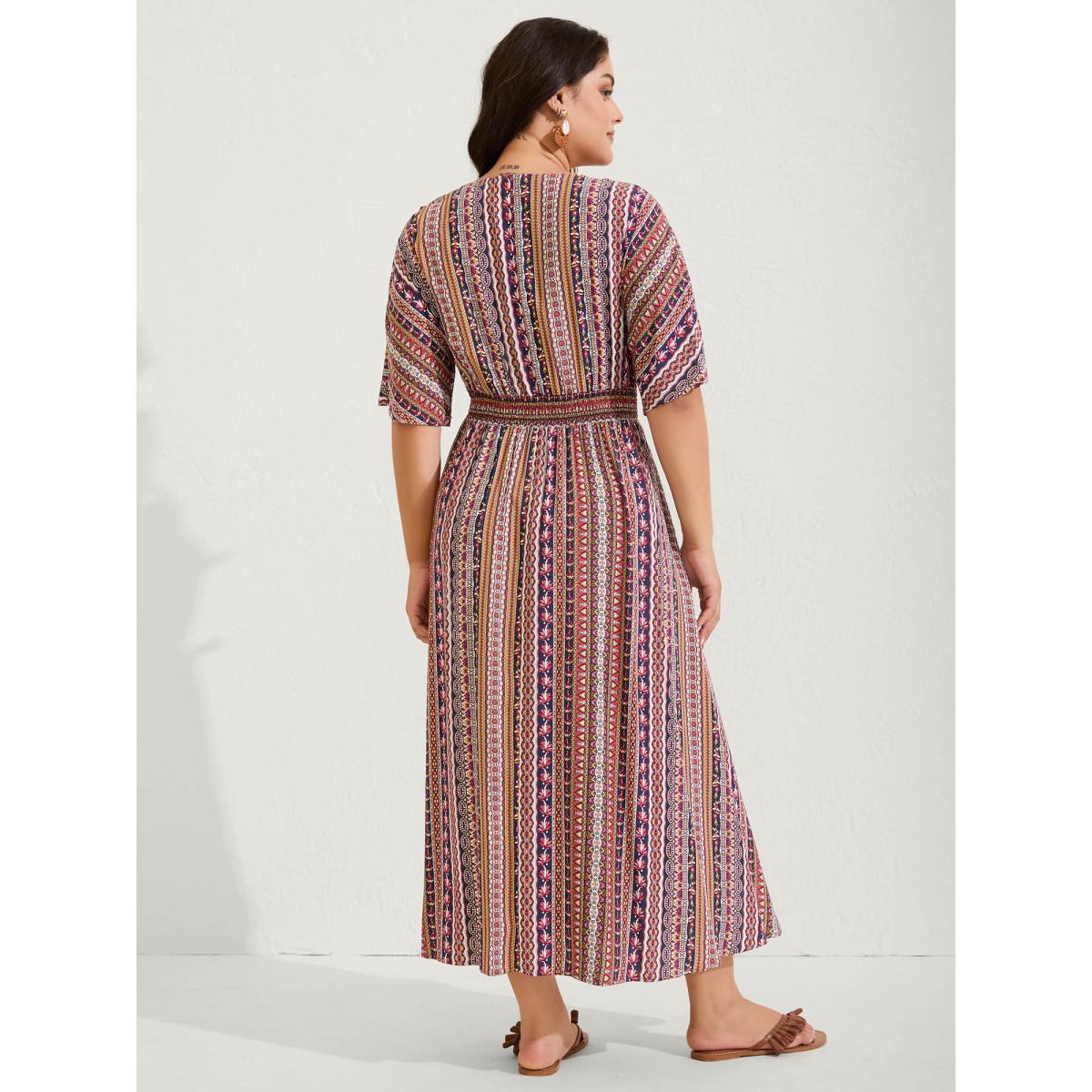 Plus Size Striped Contrast Dolman Sleeve Shirred Pocket Split Flutter Dress Navy Women Boho Non V-neck Half Sleeve Curvy BloomChic 12/L Product Image