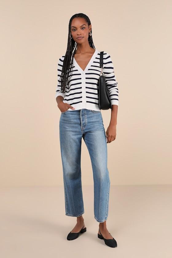 Charming Element Ivory and Navy Striped Cardigan Sweater Product Image