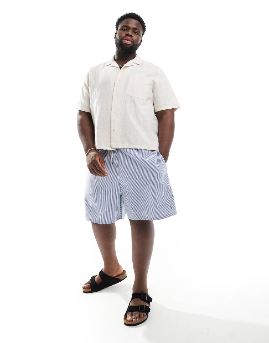Polo Ralph Lauren Big & Tall Traveler icon logo seersucker stripe swim shorts classic fit in mid blue Product Image