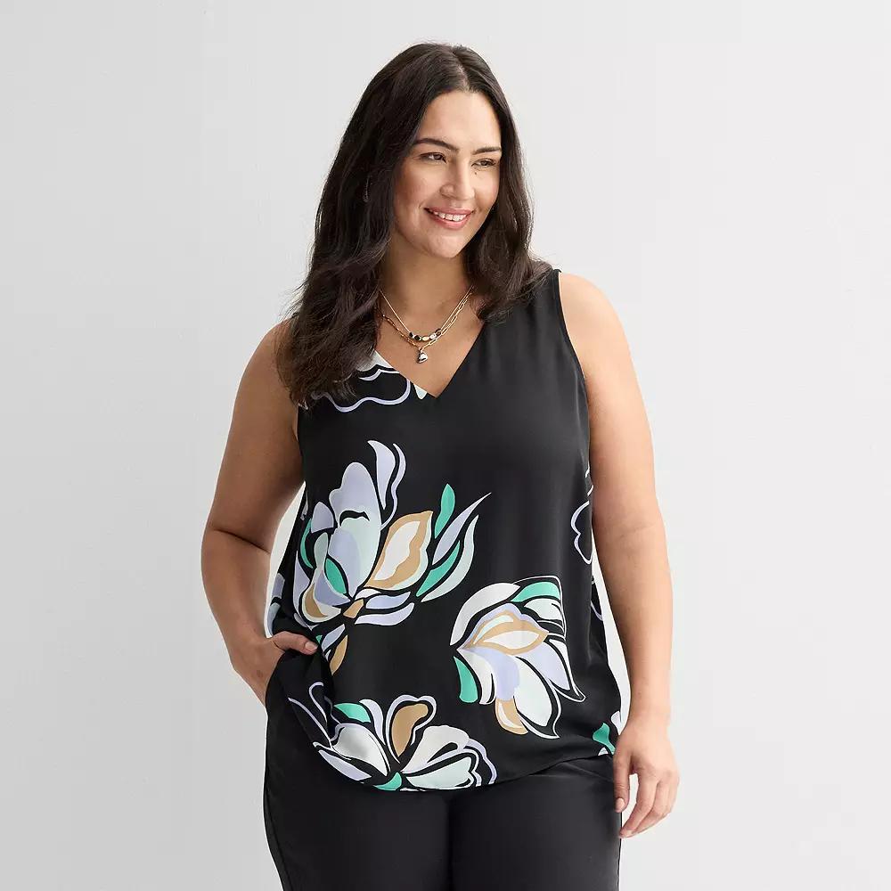 Plus Size Nine West Essential V-Neck Tank Top, Women's, Size: 1XL, Black Olivia Floral Product Image