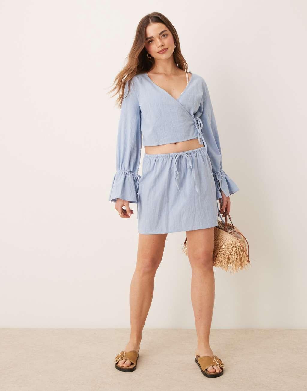 ASOS DESIGN Fern wrap front beach top in ice blue Product Image