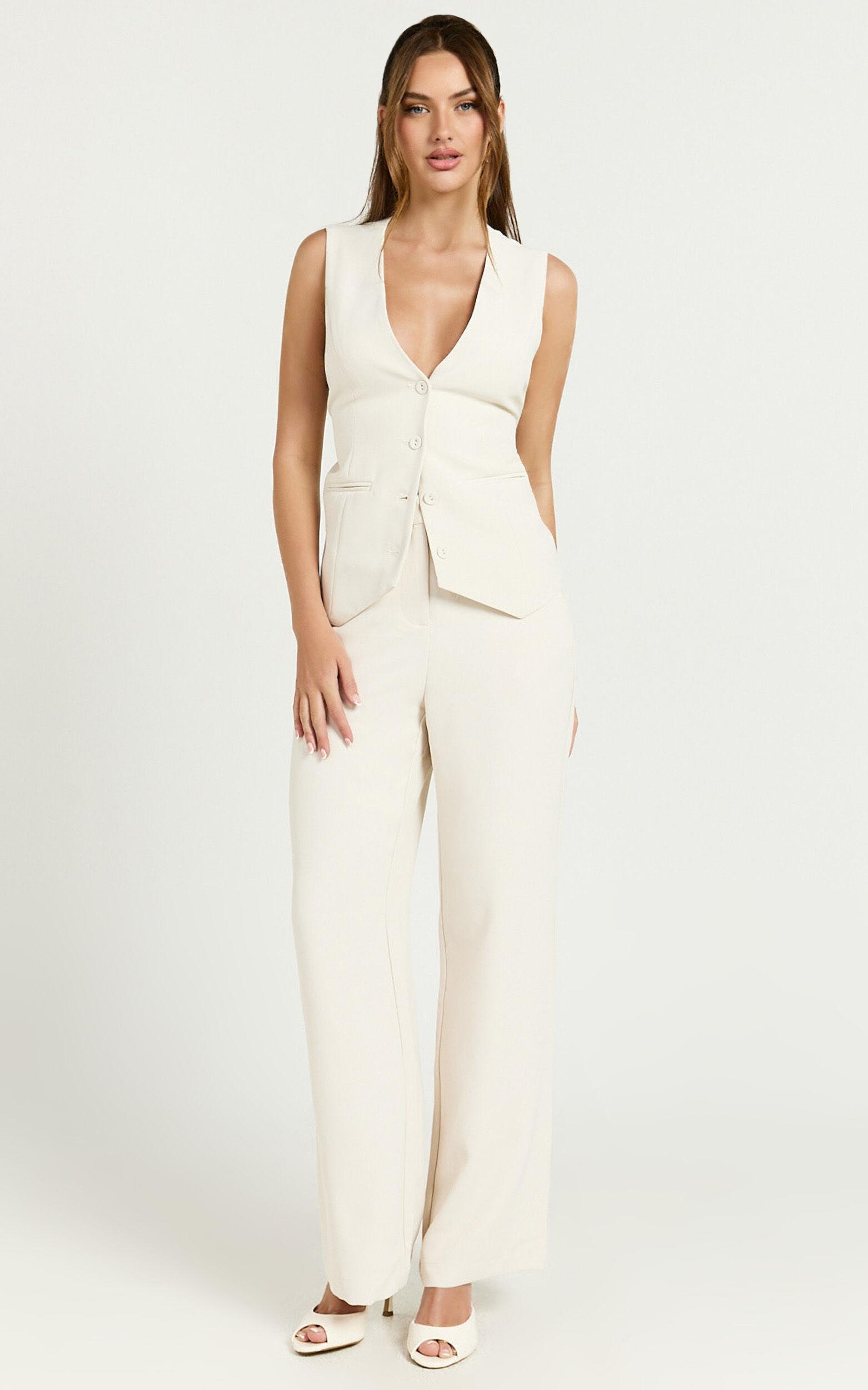 Kira Top - Tailored Longline Tie Back V Neck Vest in Bone Product Image